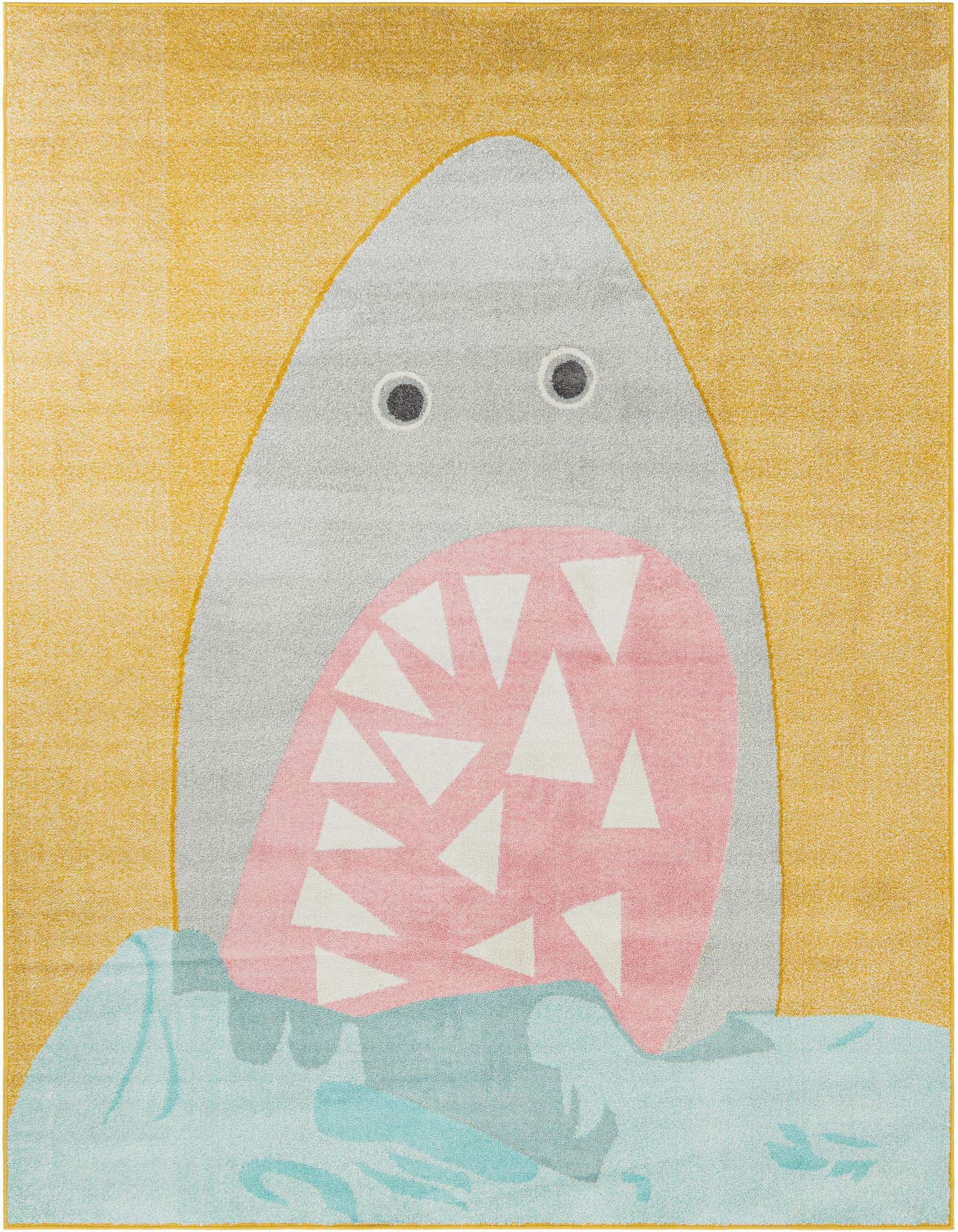 A rectangular 8x10 yellow rug featuring a large grey shark with a pink mouth full of white teeth, emerging from light blue water.