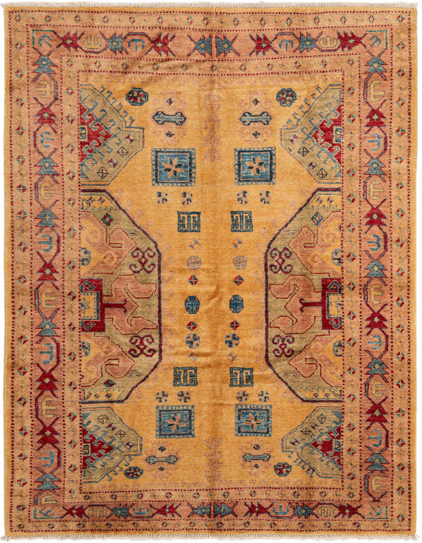 A 5x7 rectangular Ziegler rug with a yellow-gold field, featuring a modern oriental pattern in red, blue, and pink hues, ideal for an indoor living space.