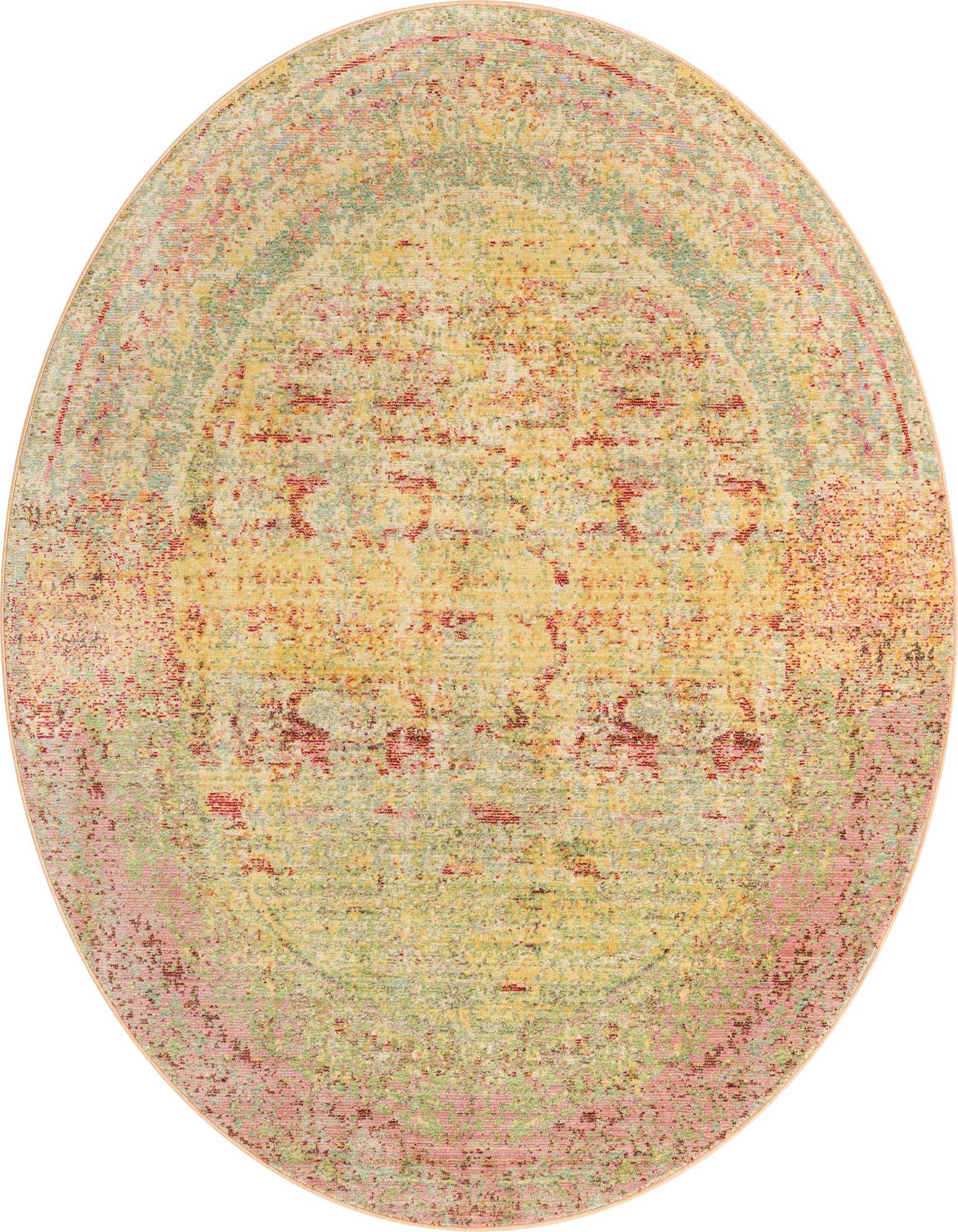 A 6' round bohemian rug featuring a distressed yellow, gold, and pink medallion pattern with hints of green, ideal for indoor spaces.