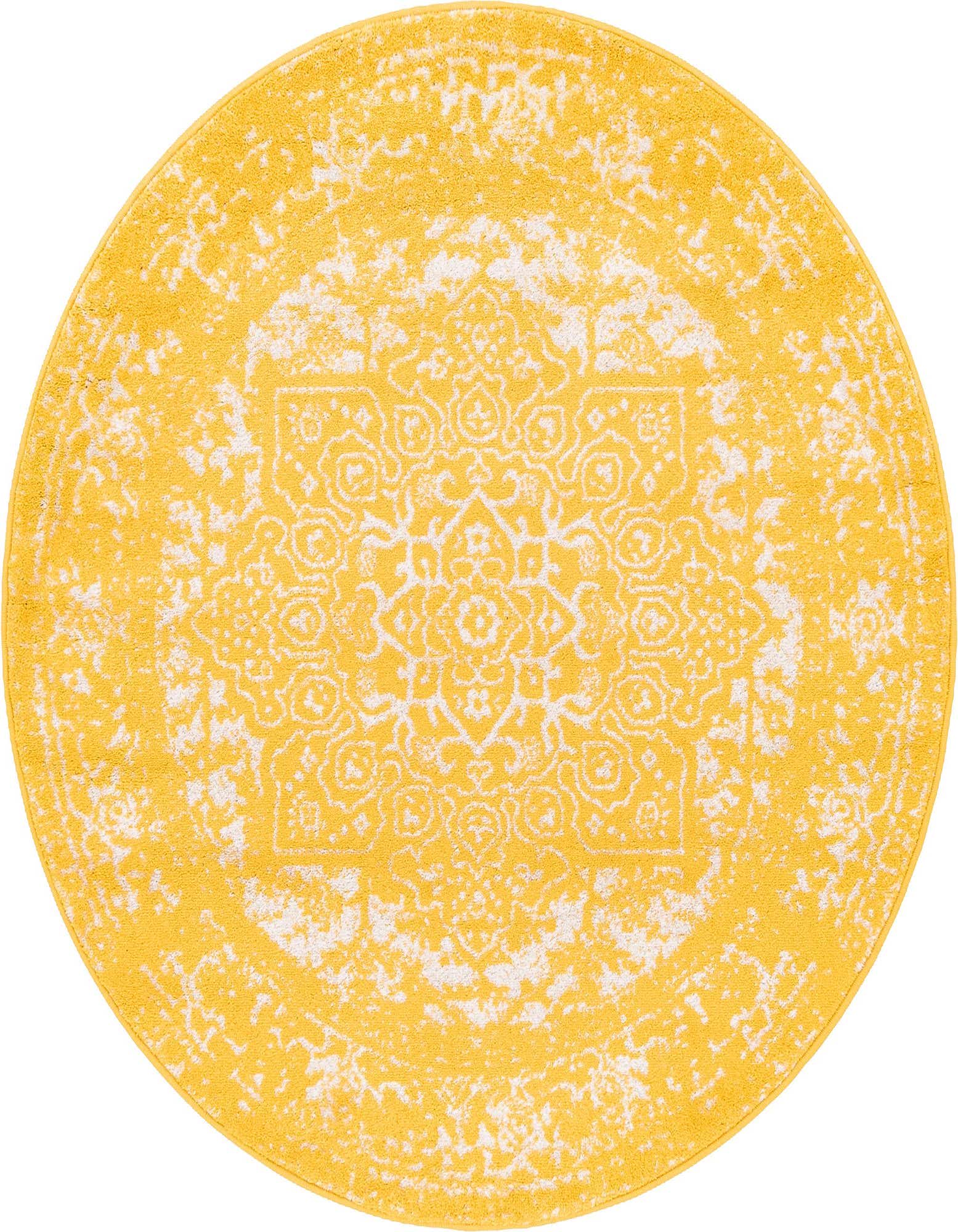 A 5' 3 round yellow rug with a distressed white traditional medallion pattern, ideal for adding a vintage touch.
