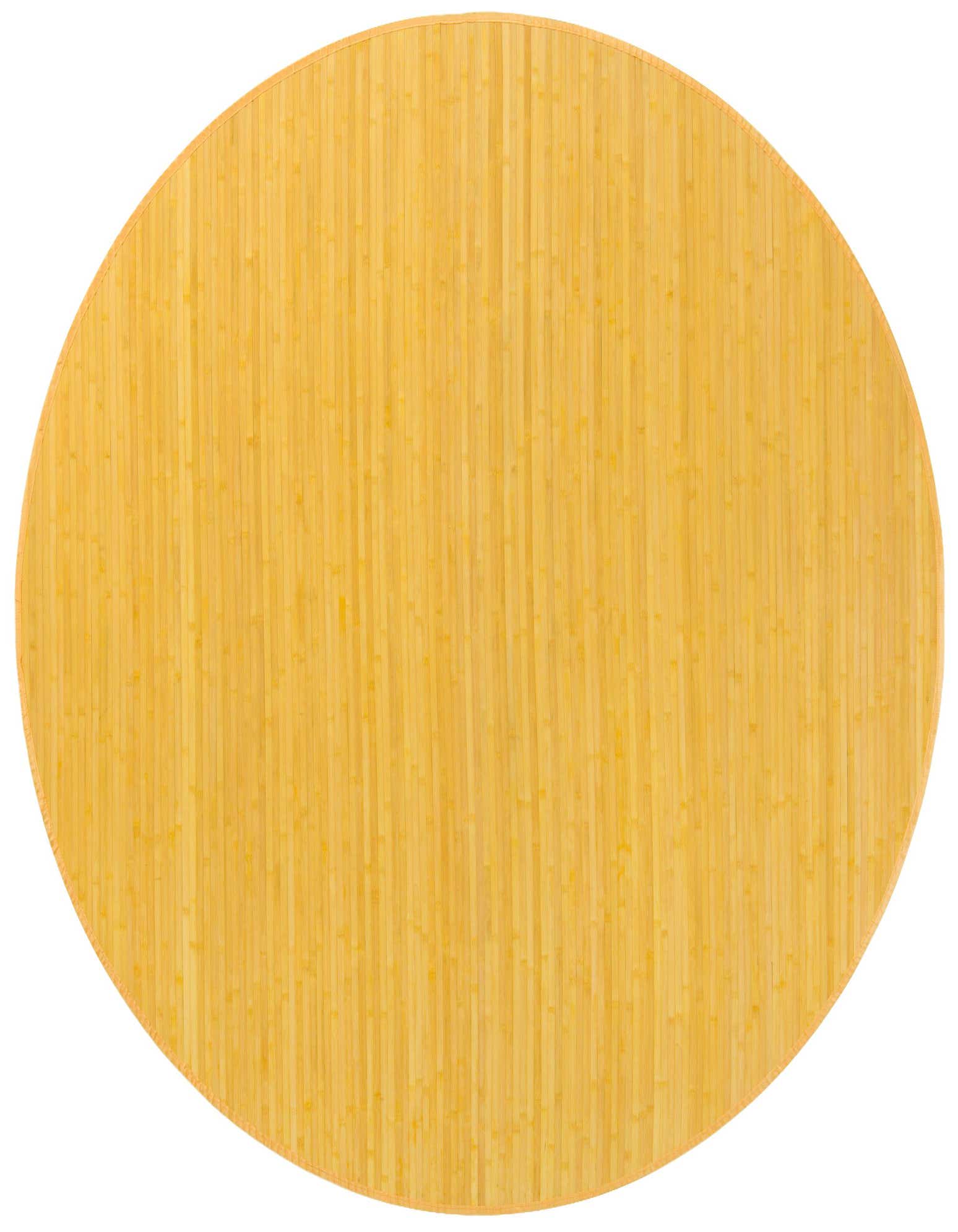 A 7' round yellow bamboo rug with a textured, slatted surface and a subtle border, ideal for indoor spaces.