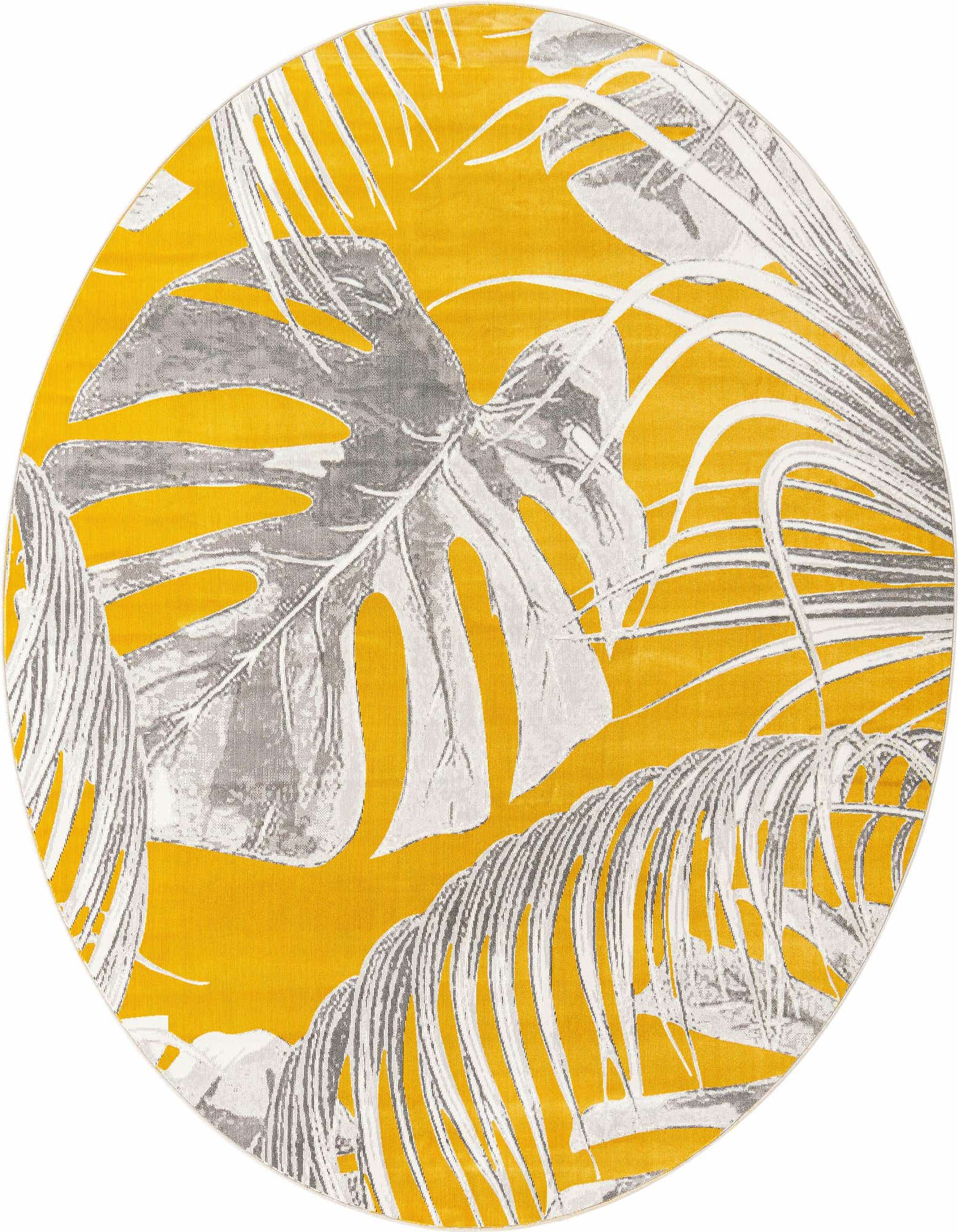 A round yellow rug featuring large gray and white monstera and palm leaf patterns, evoking a tropical or coastal feel.