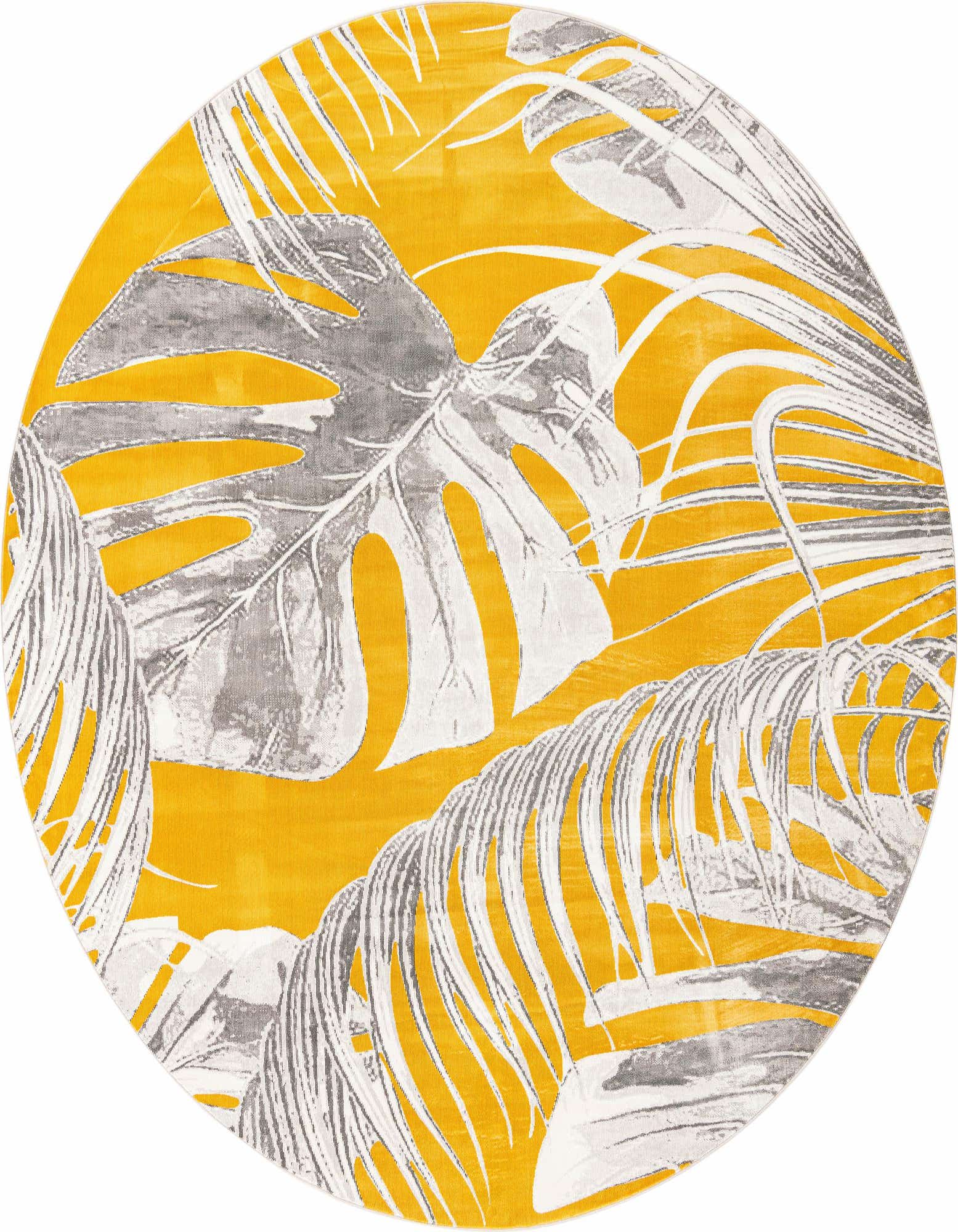 A 10' round yellow rug with large grey and white tropical leaf patterns, including Monstera and palm fronds.