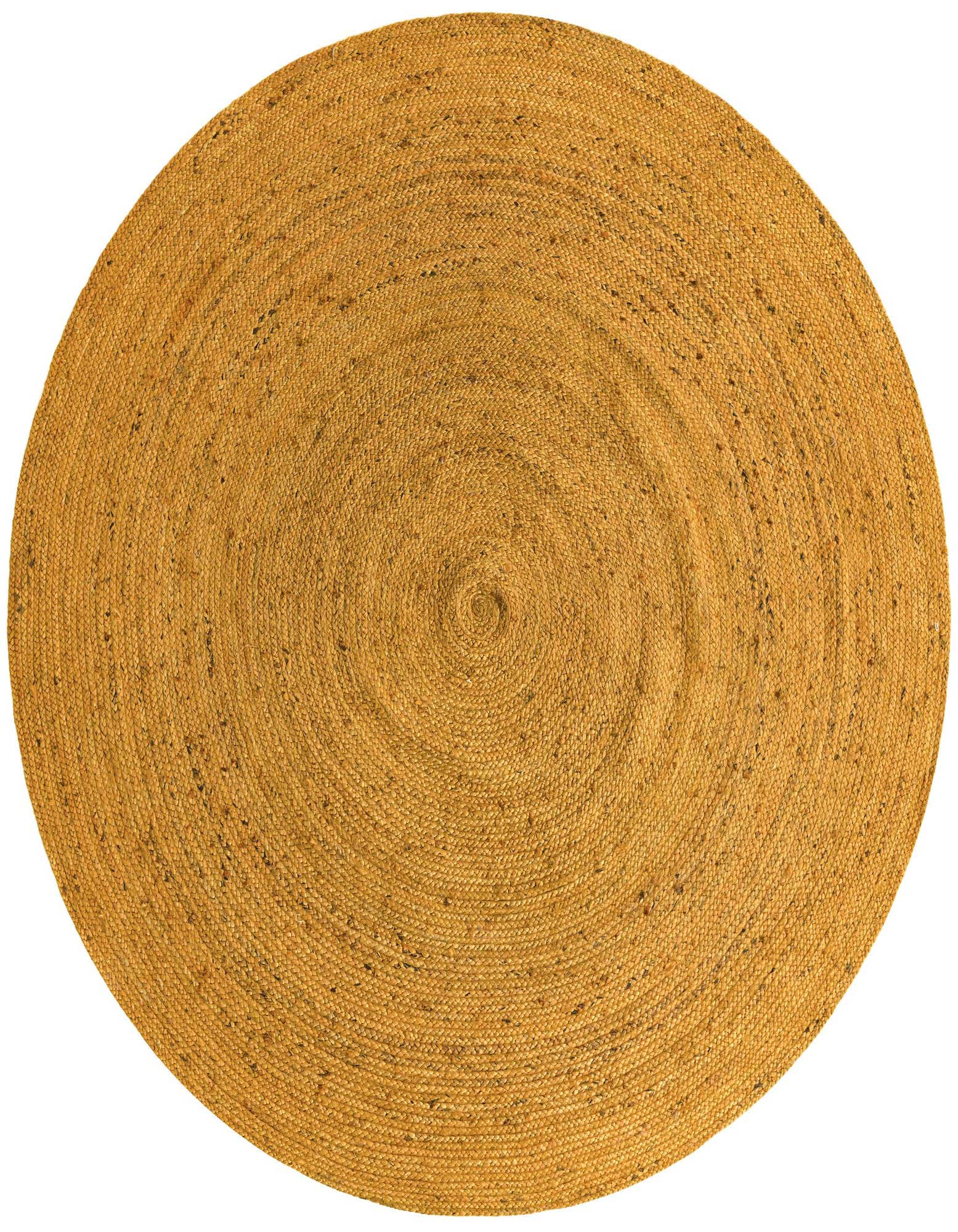 A round 8' yellow jute area rug with a textured, braided flatweave pattern, ideal for a natural or coastal indoor setting.