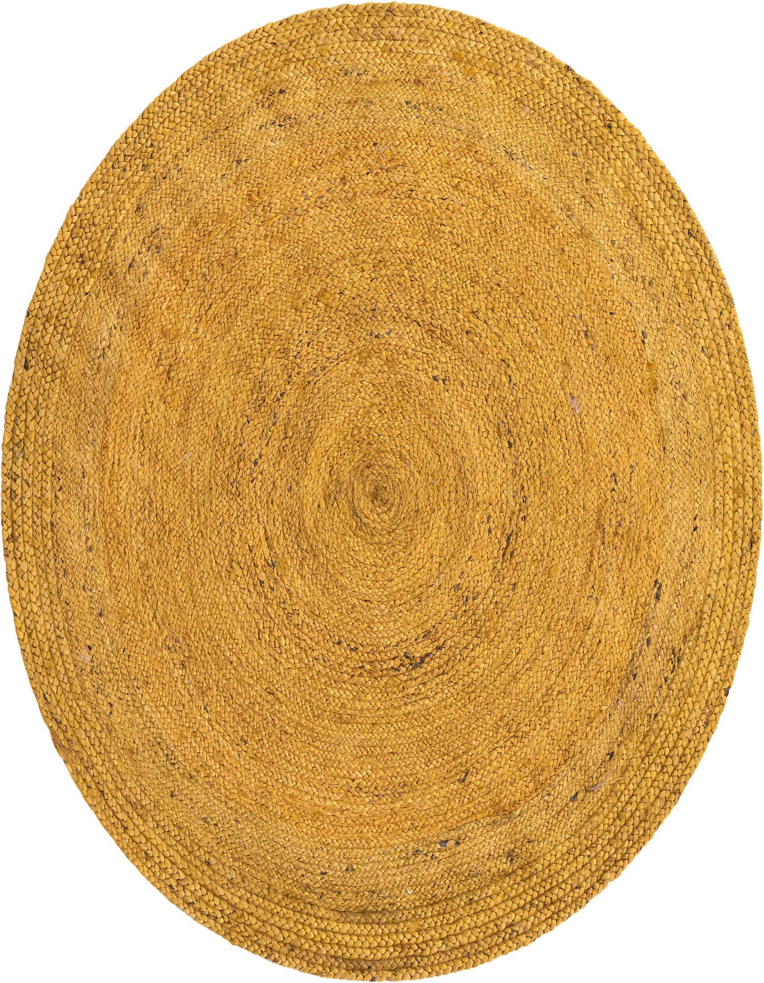 A 5' 1 round yellow jute rug with a braided, textured flatweave pattern, perfect for a natural indoor setting.