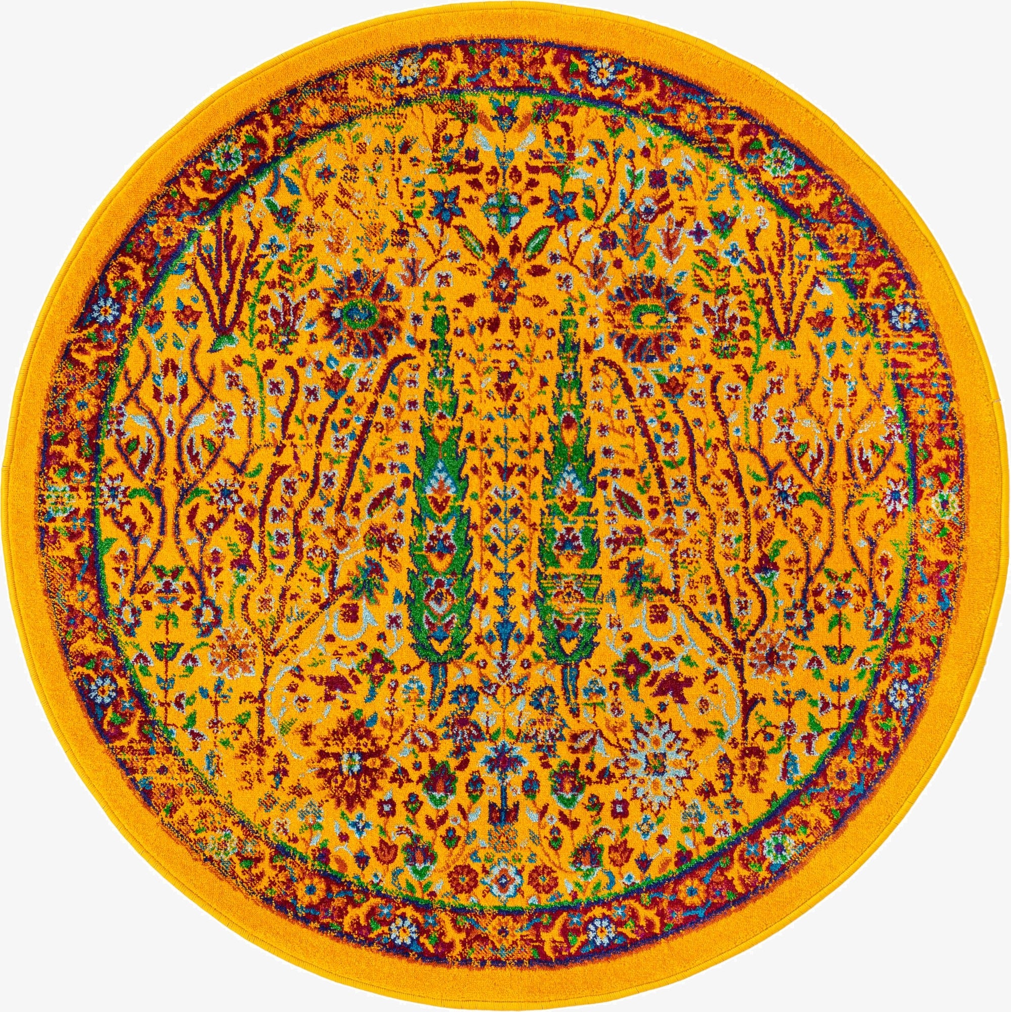 A 4' round yellow rug with a vibrant, multicolored medallion and floral pattern, featuring red, blue, and green accents.