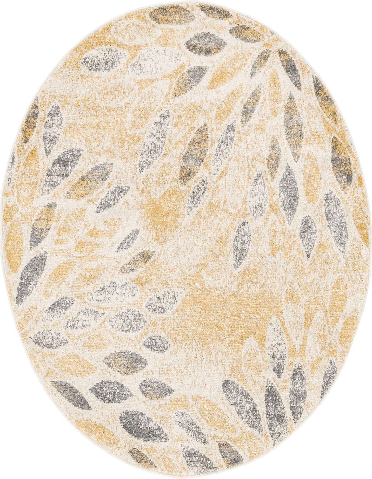 A round 5' 0 x 5' 0 modern floral rug with a yellow and gold background and scattered gray and white leaf patterns.