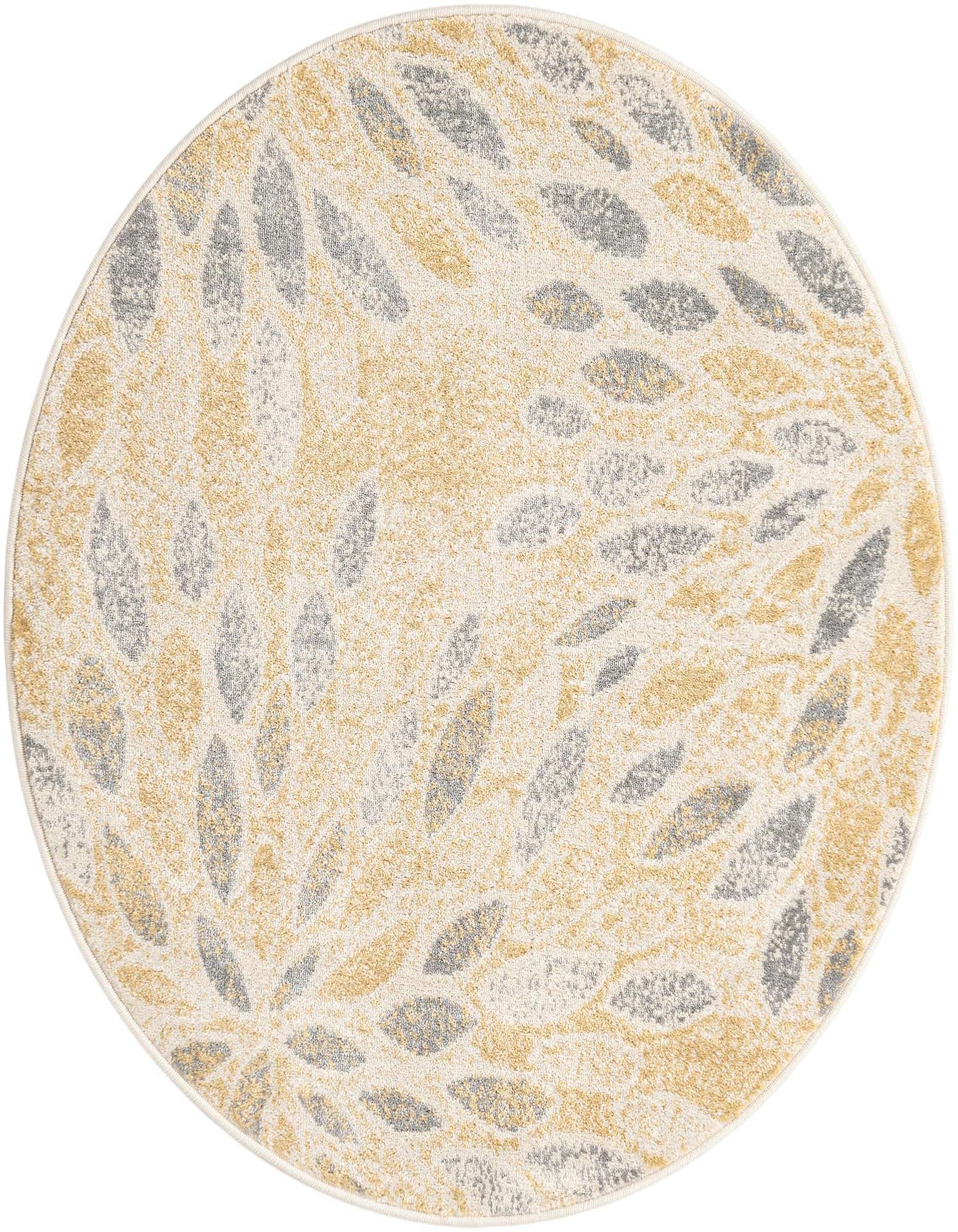 A round 4' 1 x 4' 1 yellow and gray modern floral rug, featuring abstract leaf-like patterns.