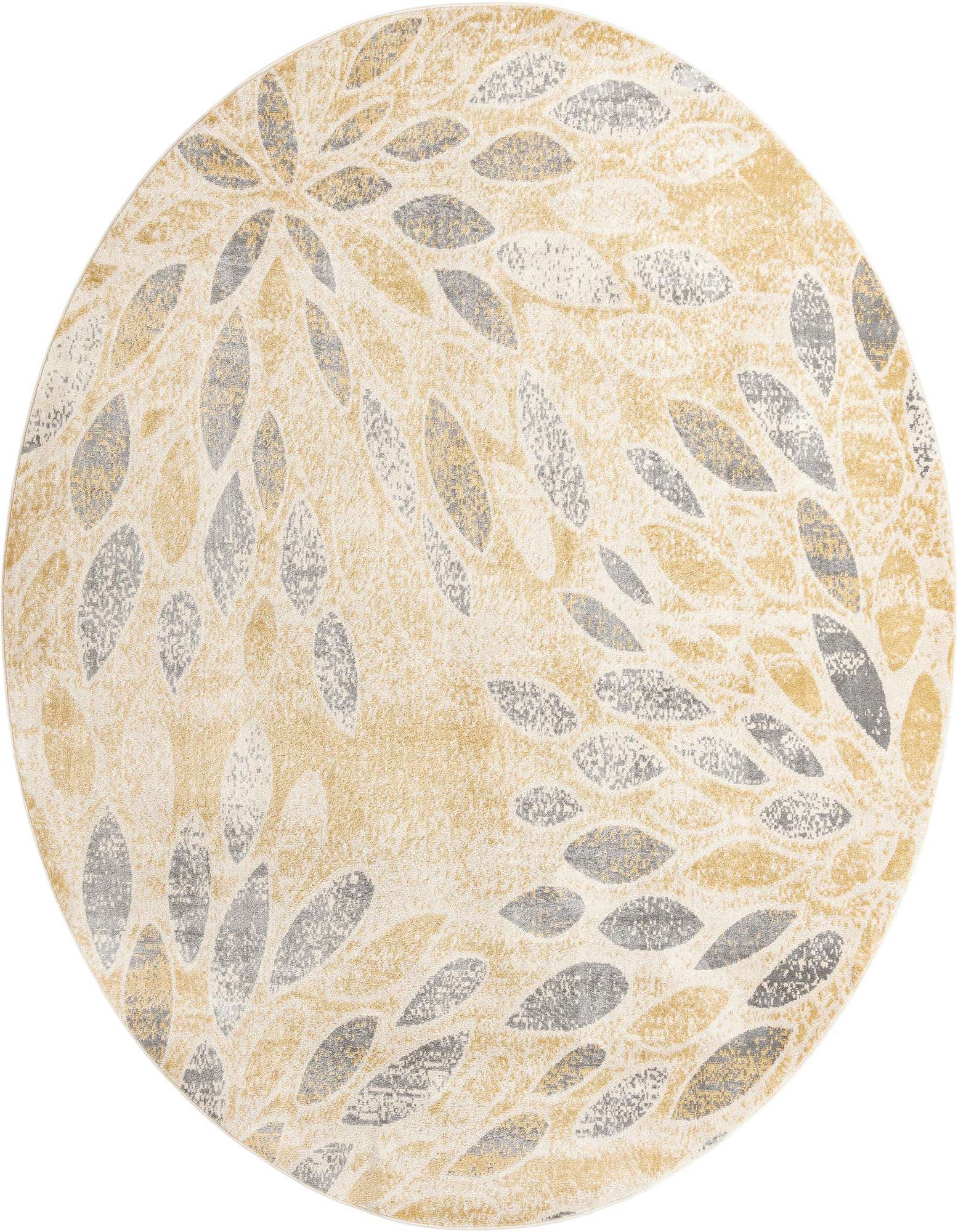A round 10' 2 x 10' 2 yellow and gray rug with a modern leaf-like pattern, ideal for an indoor patio.