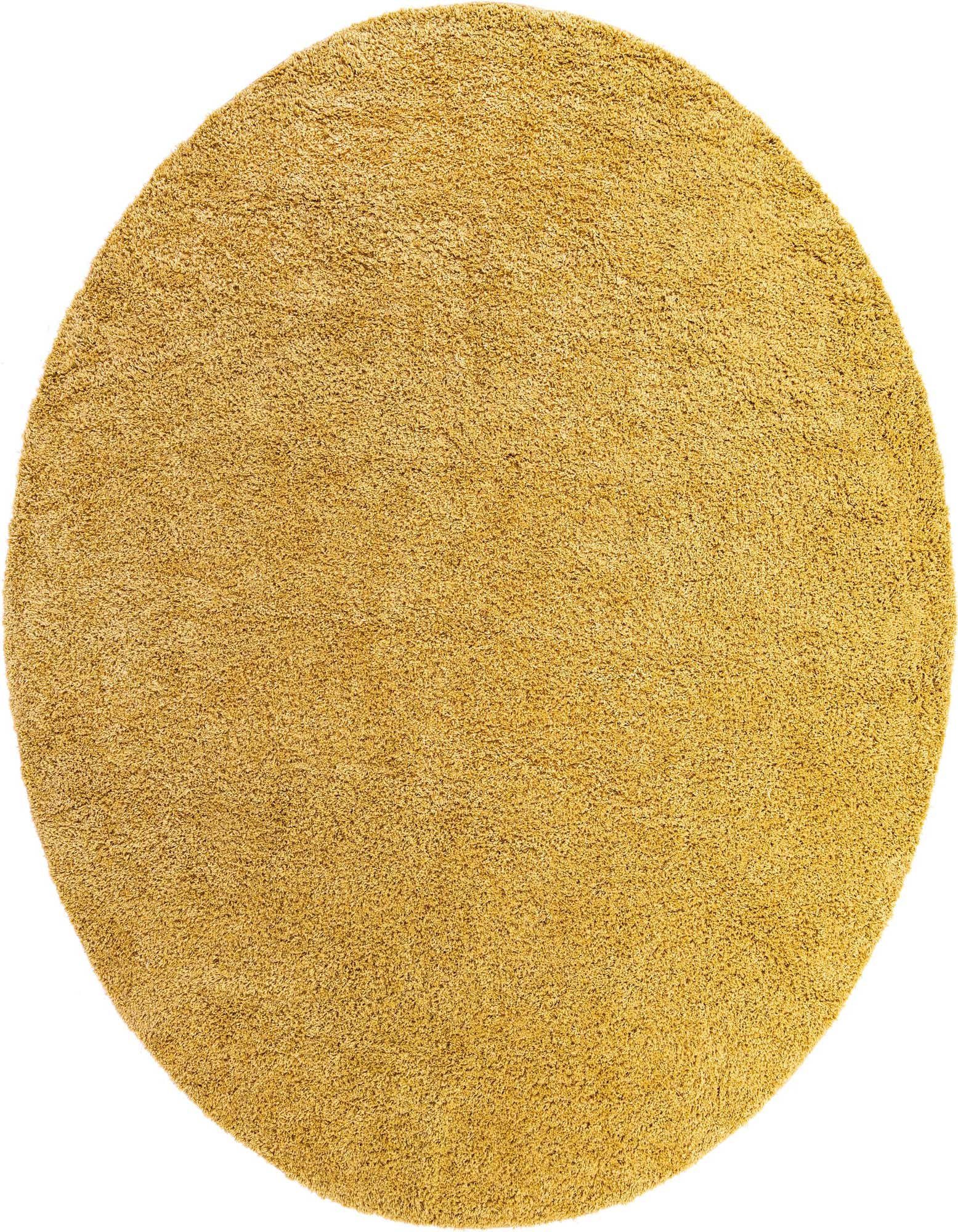 A large 12' 4 round yellow shag rug, made of soft polypropylene, ideal for adding warmth to any indoor space.