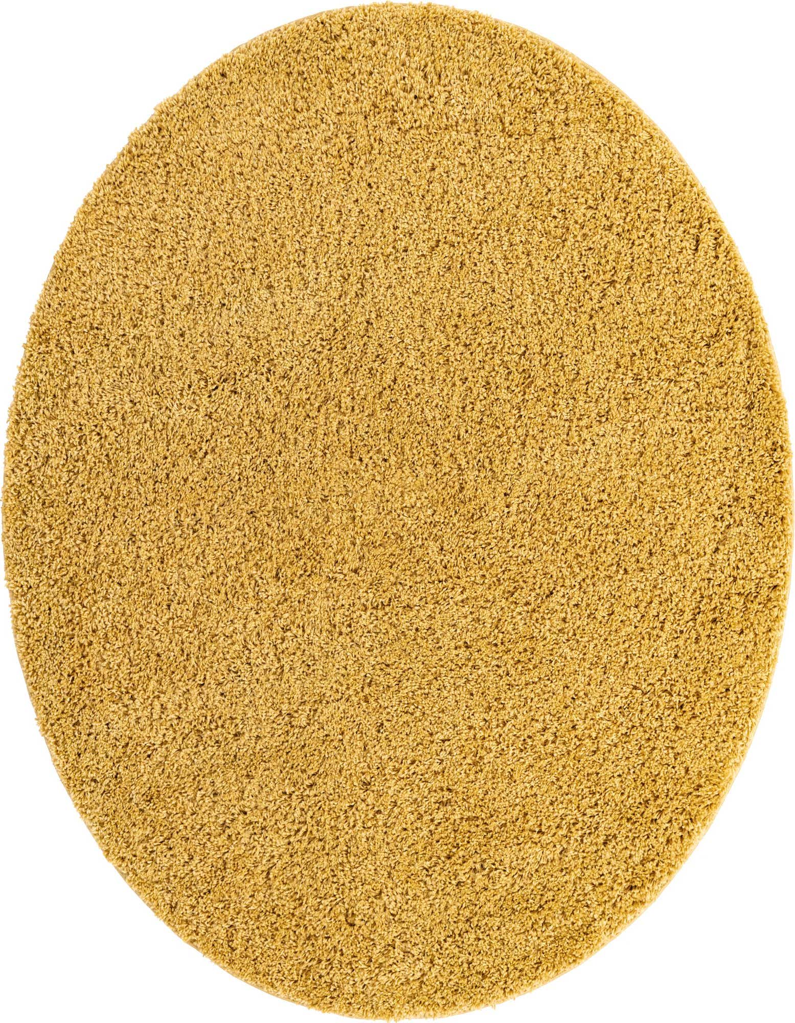 A 7' round yellow shag rug with a soft, textured pile, ideal for adding warmth to any indoor space.