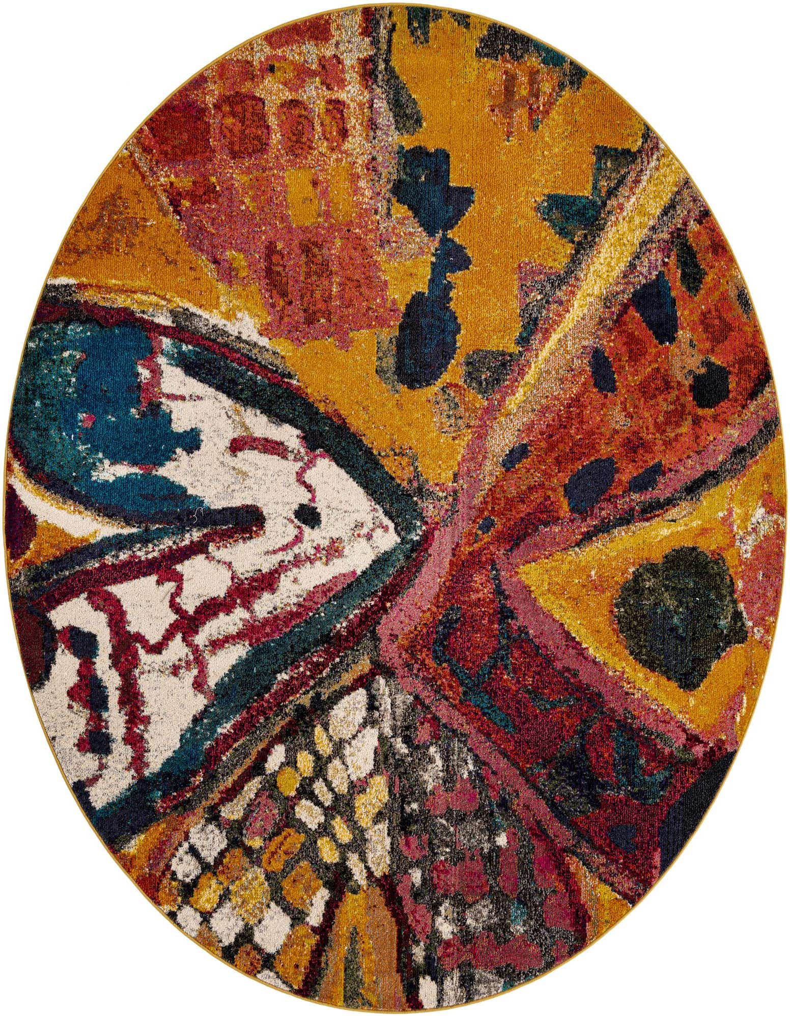 A vibrant 7' 10 round modern abstract rug with a mix of yellows, golds, reds, blues, and white, featuring a dynamic, painterly design.