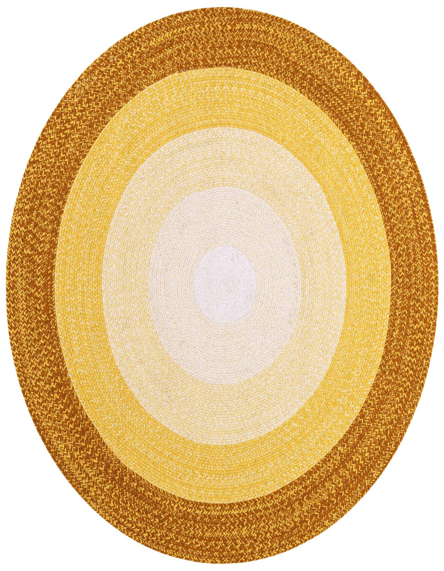 A 5' 1 round, hand-braided wool rug featuring concentric circles in shades of yellow and gold.