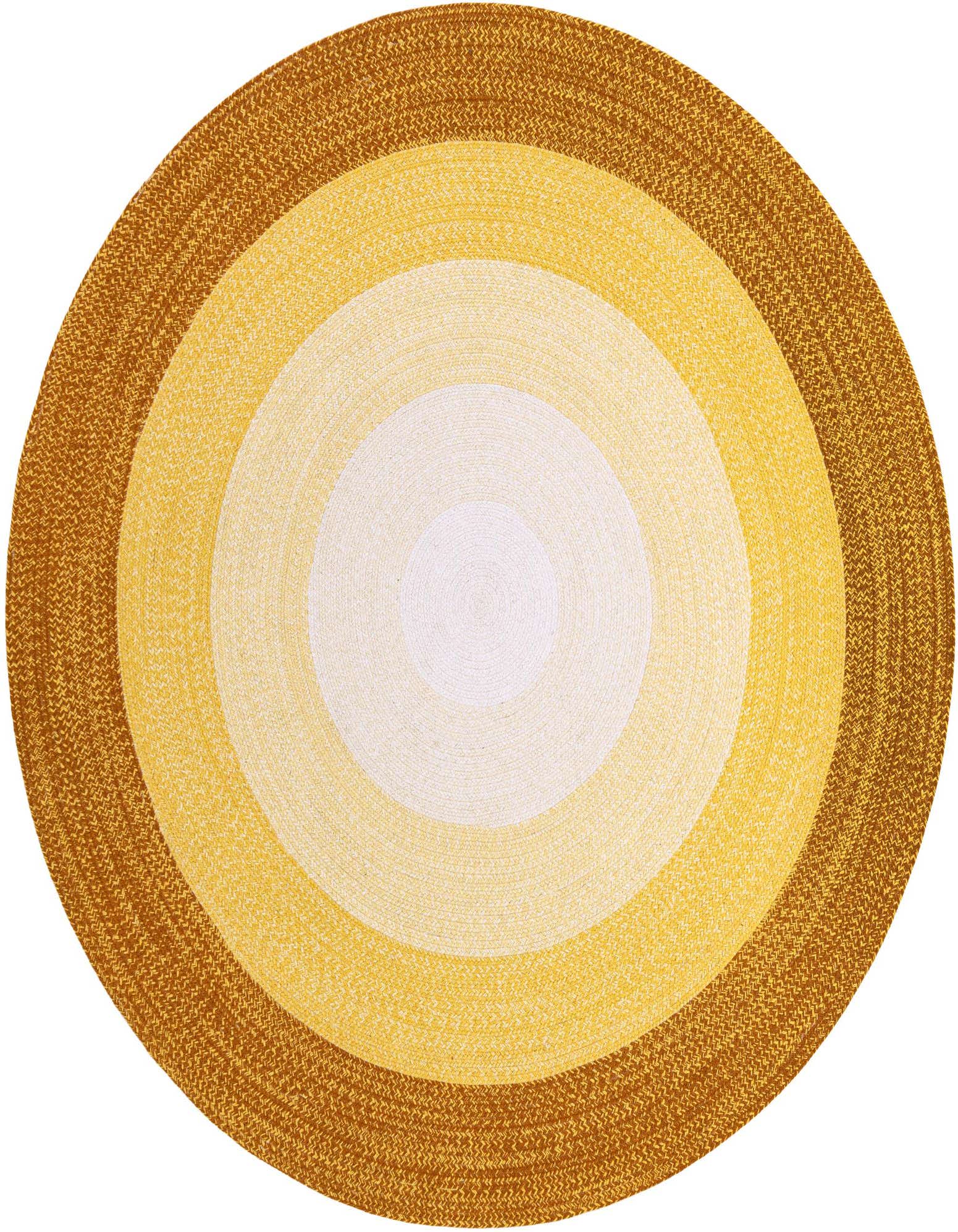 A round, hand-braided wool rug with concentric circles of yellow and gold, featuring a modern design.