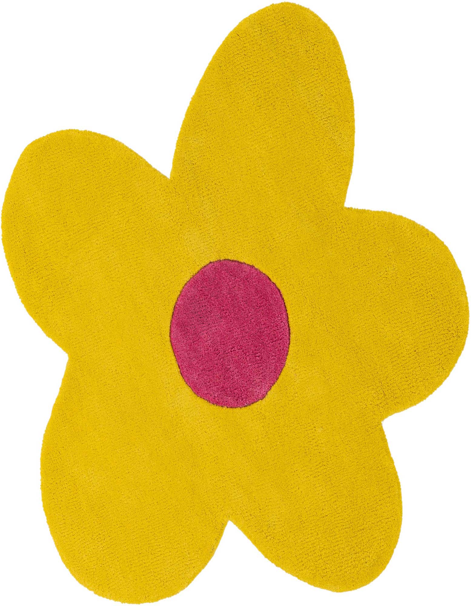 A vibrant yellow flower-shaped rug with a bright pink center, made of soft wool, perfect for a playful room.