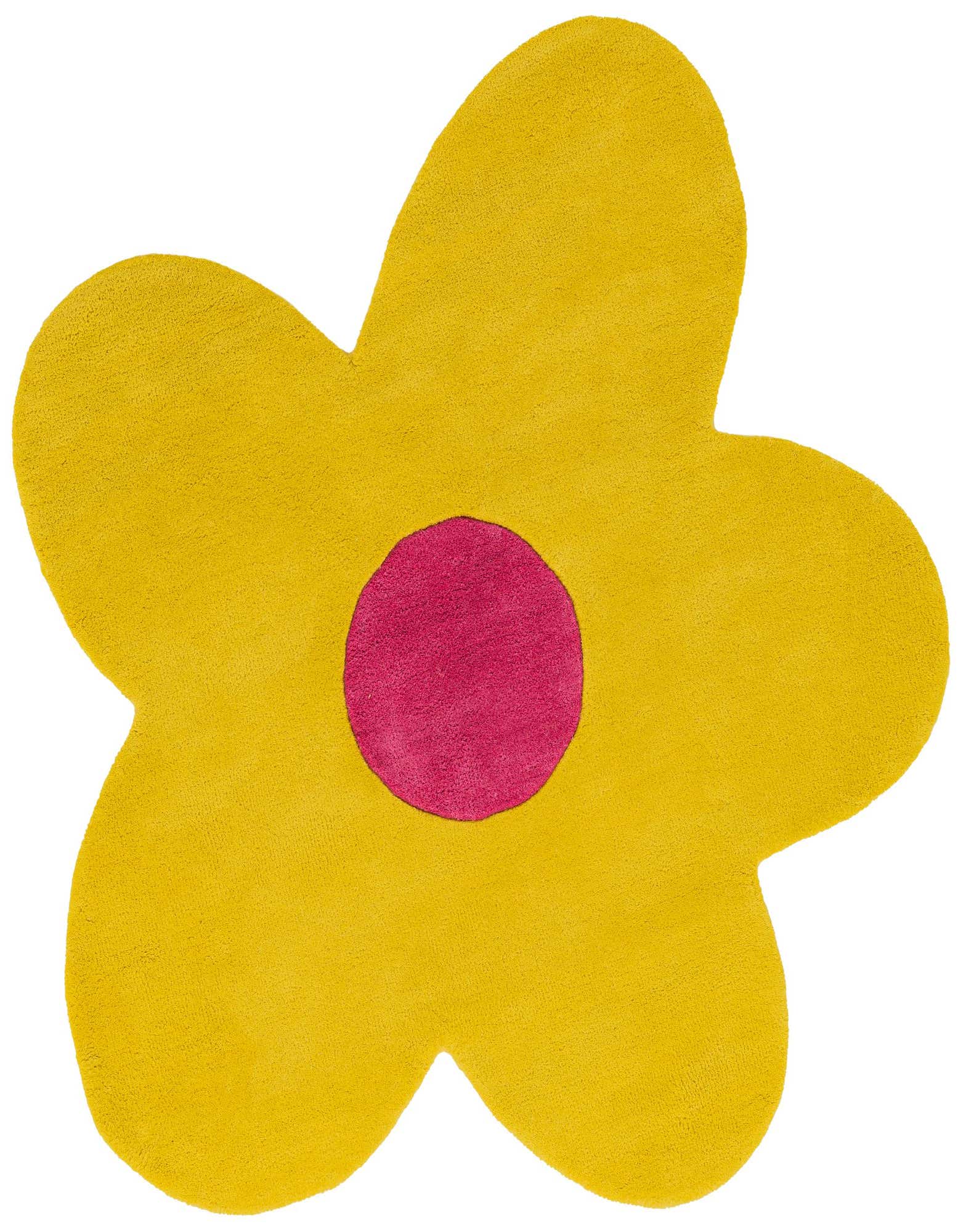 A vibrant yellow flower-shaped rug with a bright pink circular center, featuring a high, soft pile.