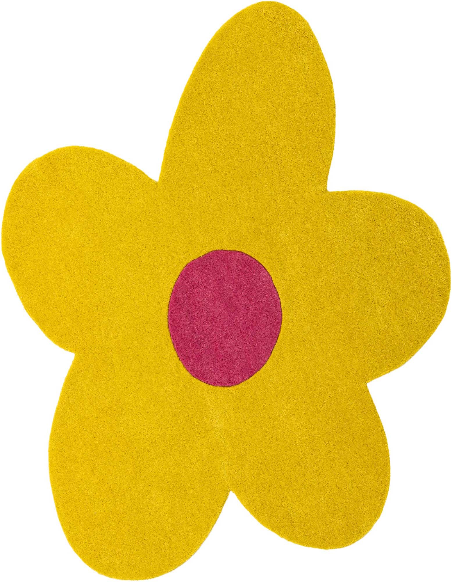 A vibrant yellow flower-shaped area rug with a bright pink center, featuring a high, soft pile.