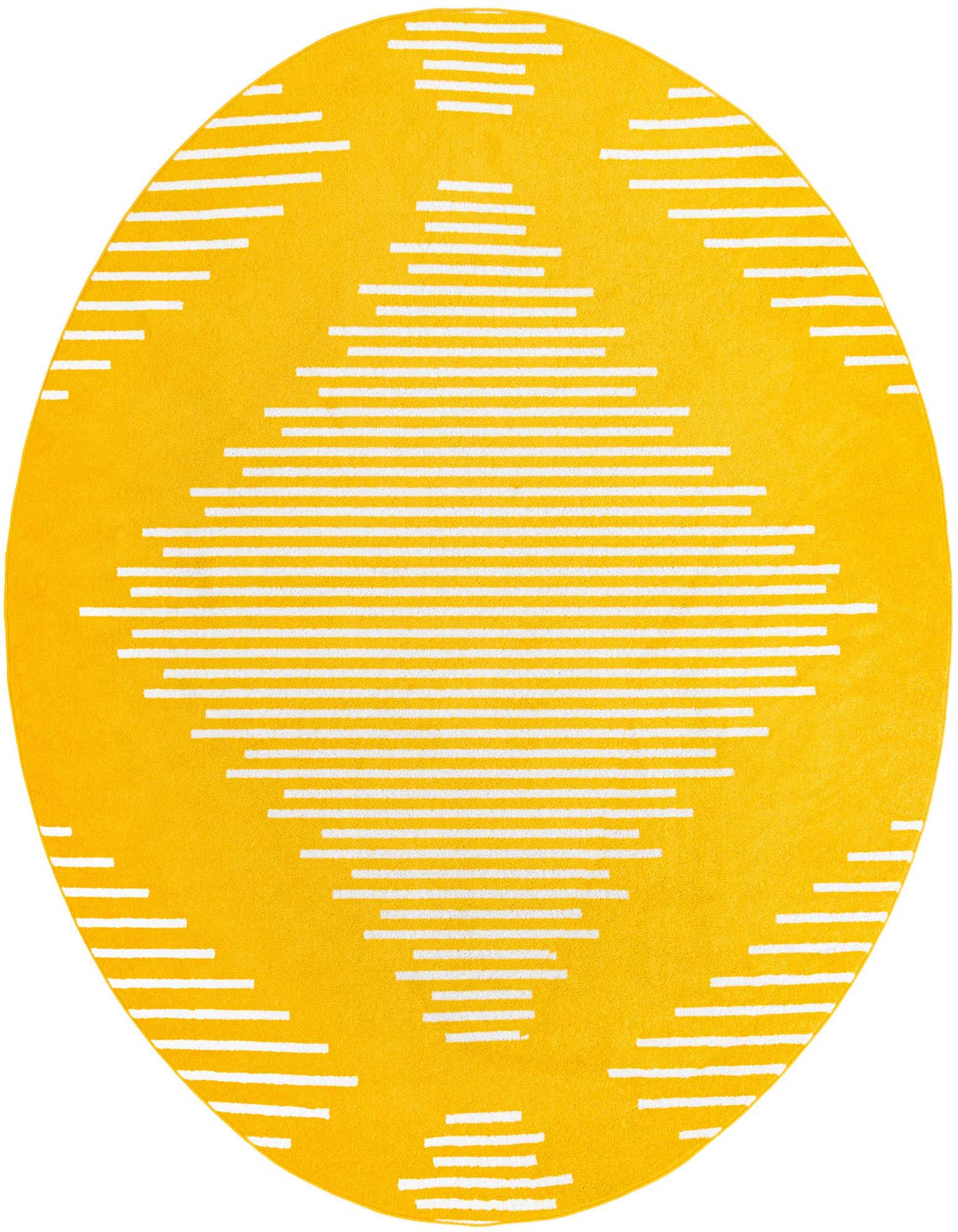 A 10-foot round yellow rug with a modern white stripe pattern forming a large central diamond and smaller border diamonds.