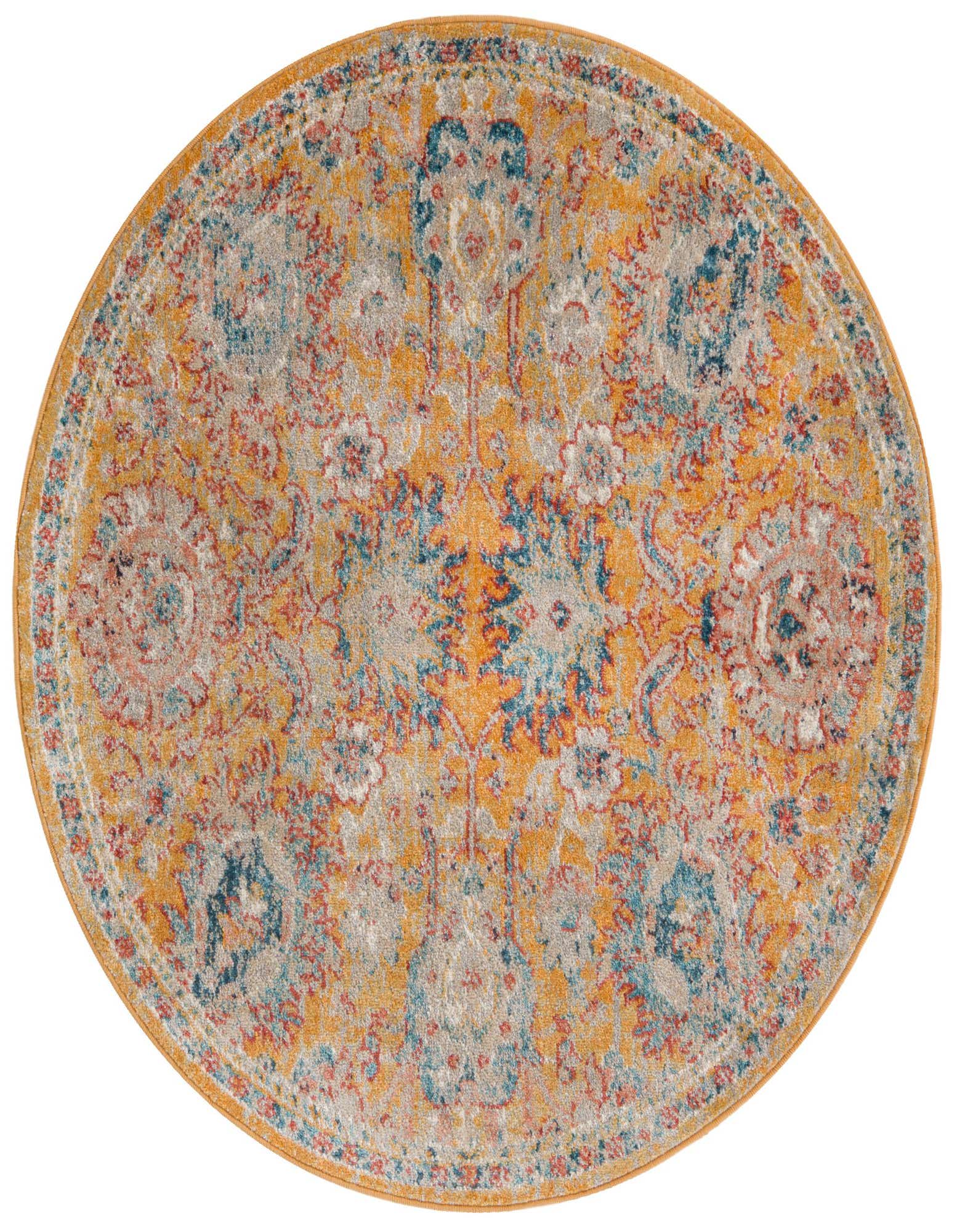 A 4' round Lola rug with a distressed traditional floral pattern in shades of yellow, gold, blue, and red.