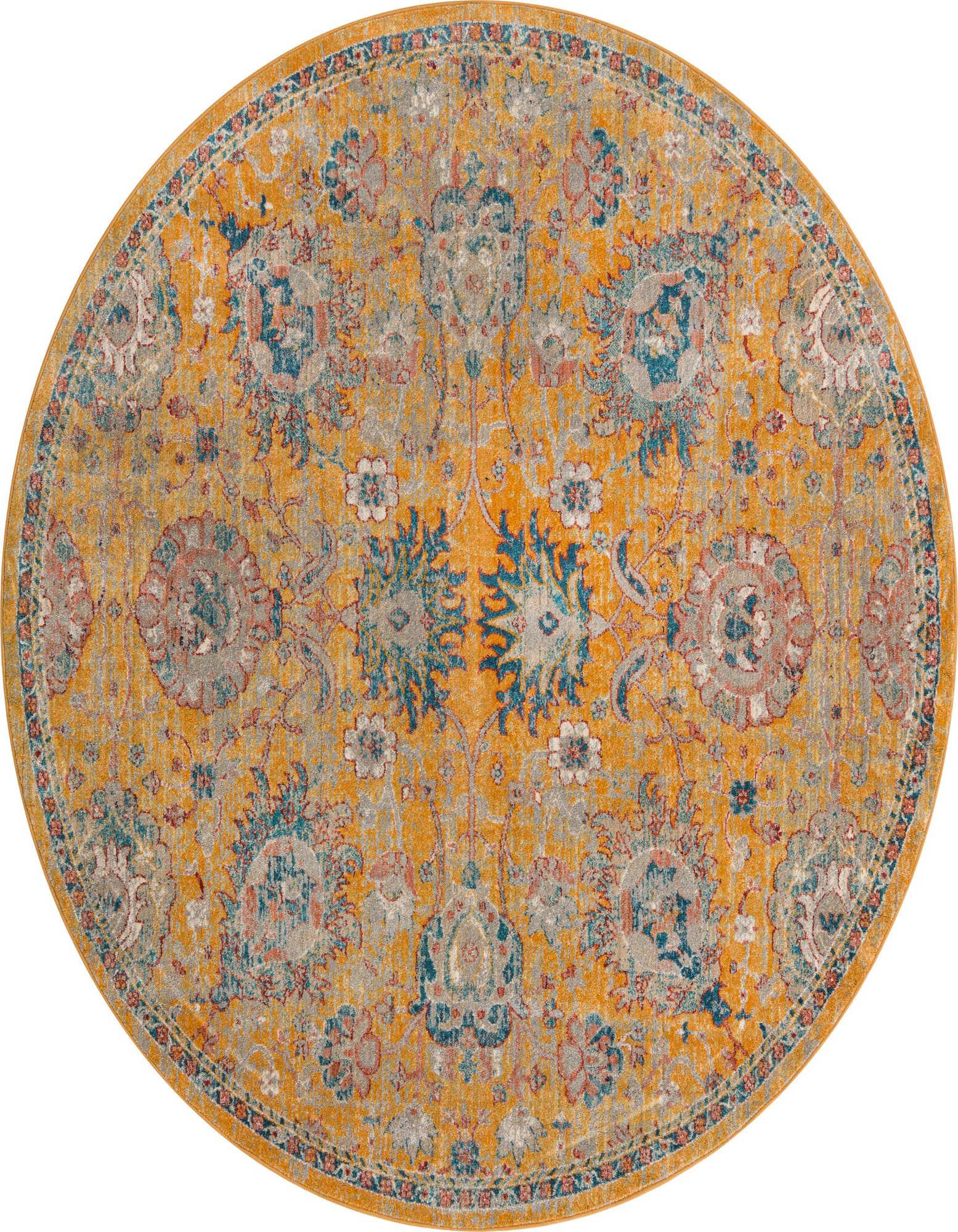 A round 7' 10" yellow and gold area rug with a distressed traditional floral pattern in blue, grey, and coral.