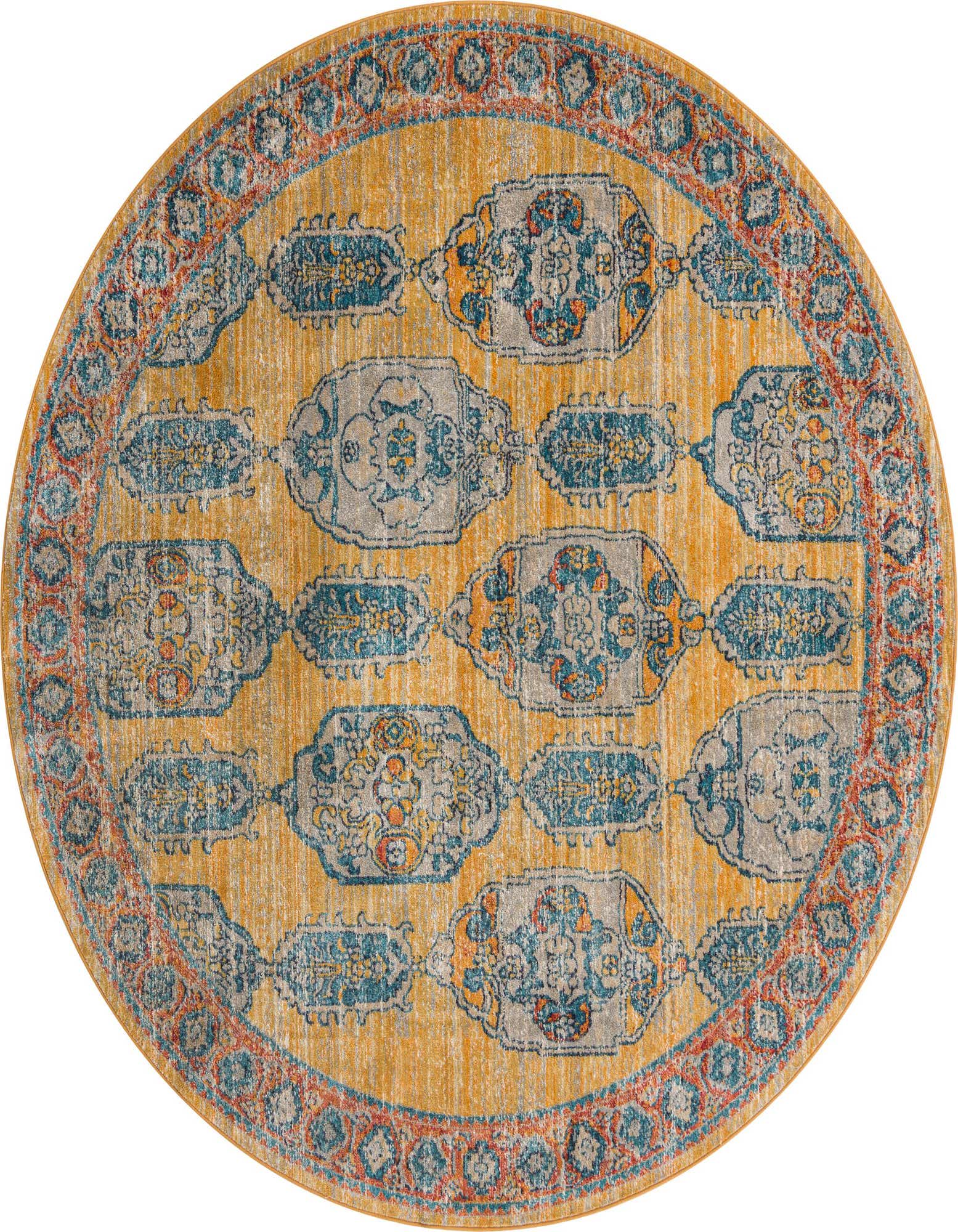 A round 7' 10" yellow Bohemian rug with distressed teal, gray, and orange medallion patterns and a decorative border.