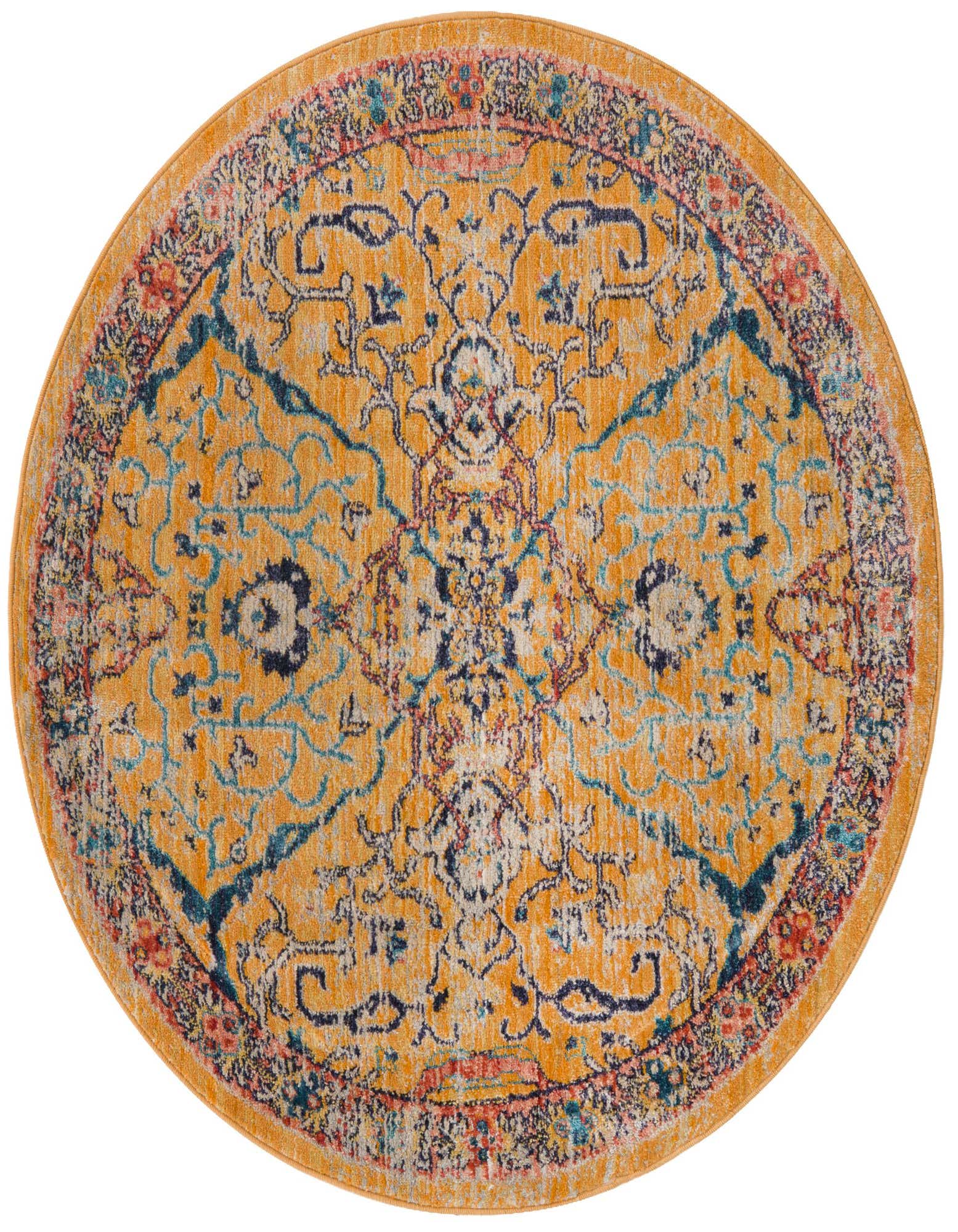 A 4' round yellow rug with a distressed traditional medallion and tribal pattern in blue, red, and cream.