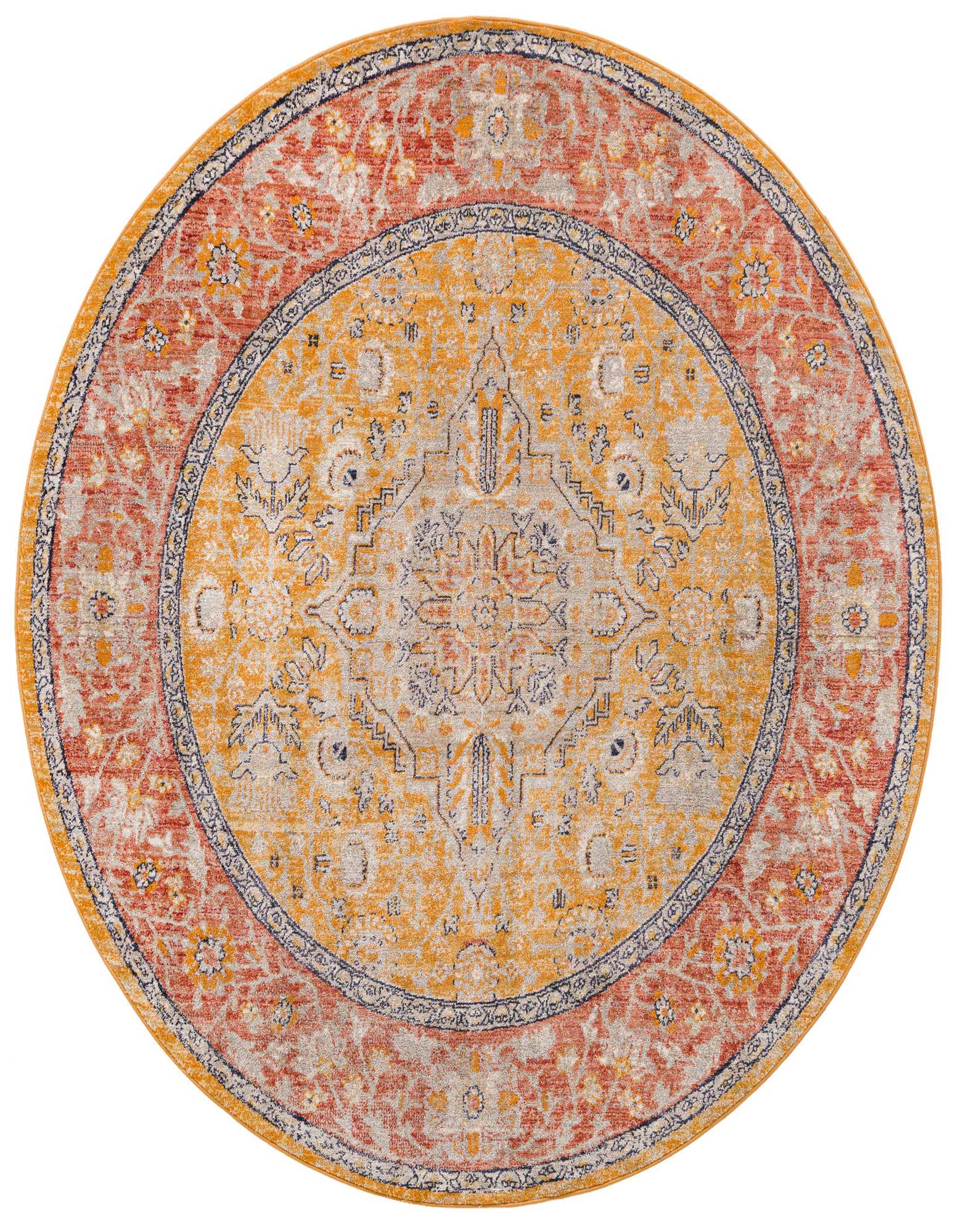 A 7' round yellow and orange bohemian rug with a central medallion and ornate border, perfect for an indoor living space.