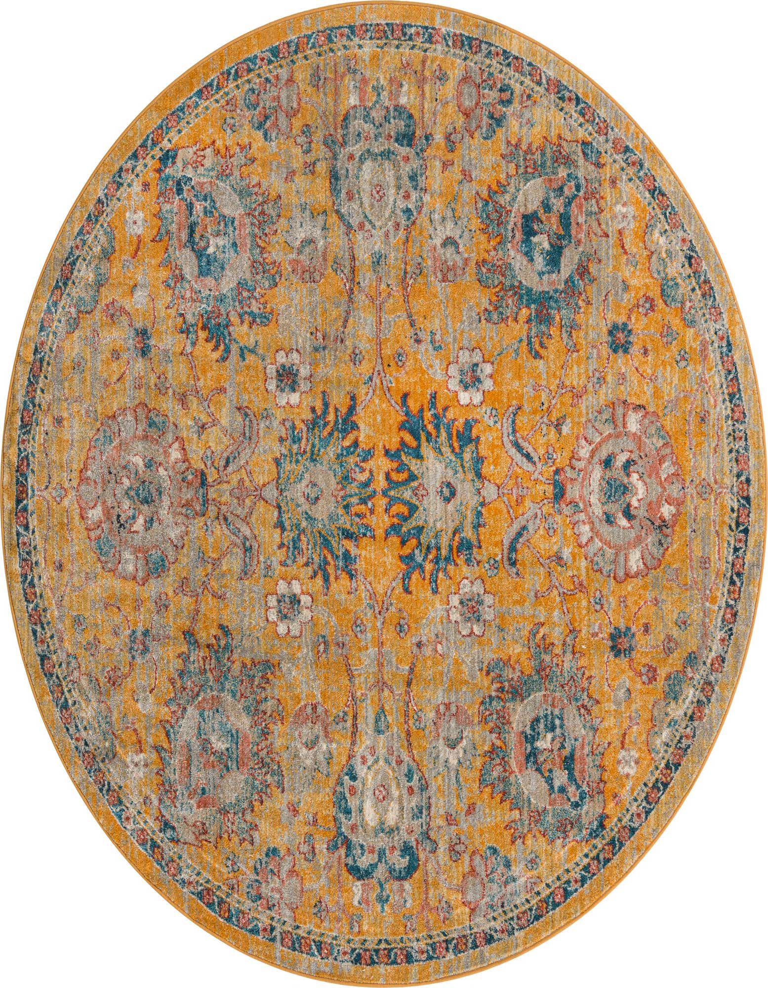 A round yellow rug with an intricate traditional floral pattern in teal, grey, and hints of red.