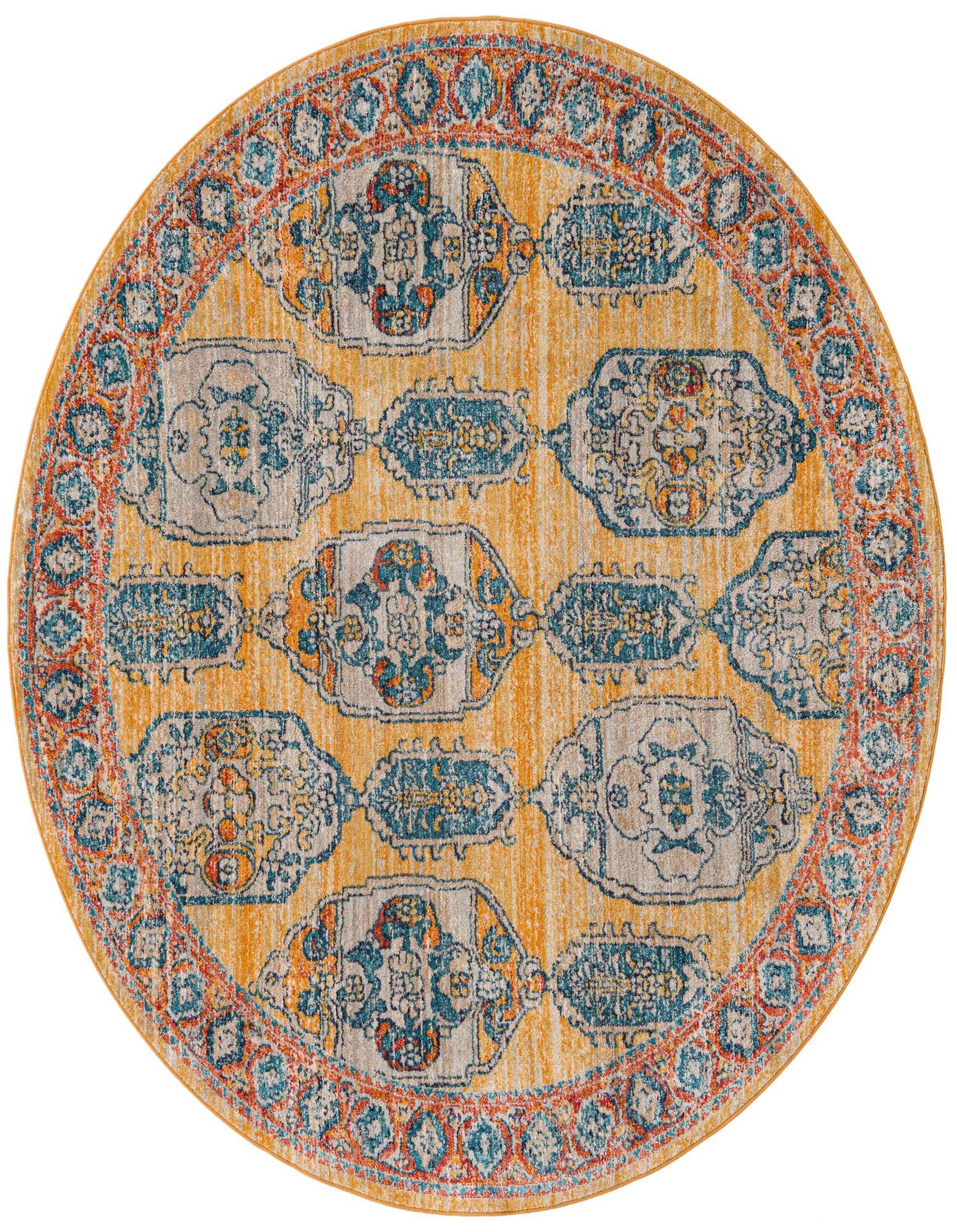 A 7' round yellow bohemian rug with distressed teal, orange, and gold traditional patterns and a decorative border.