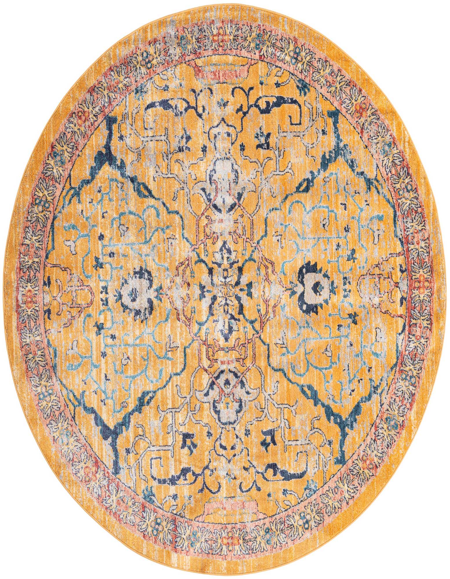 A 7' round yellow and gold area rug with a distressed traditional and tribal pattern in blue, red, and light blue.