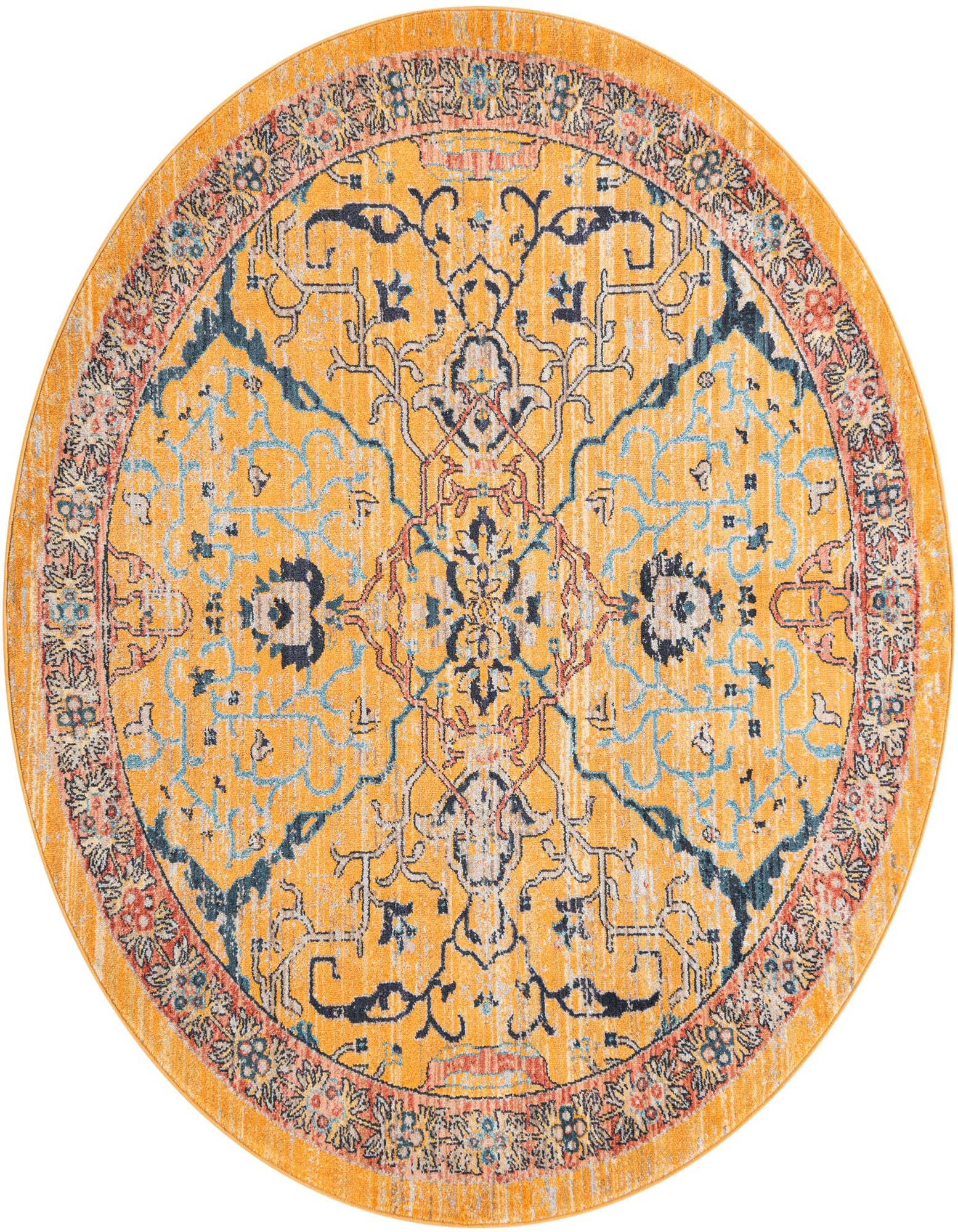 A 6' 0 x 6' 0 round yellow rug with an intricate distressed medallion pattern in blue, red, and light blue, suitable for a patio.