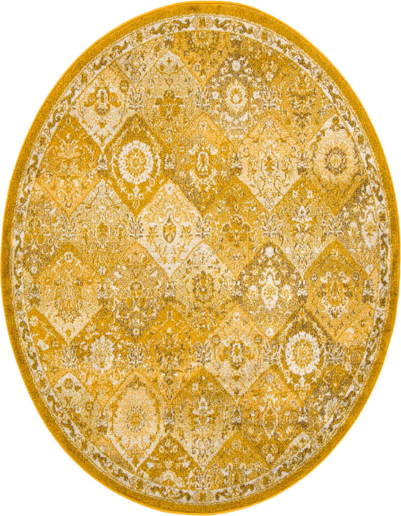 A 6' 0 x 6' 0 round yellow bohemian rug with a distressed trellis and floral medallion pattern.
