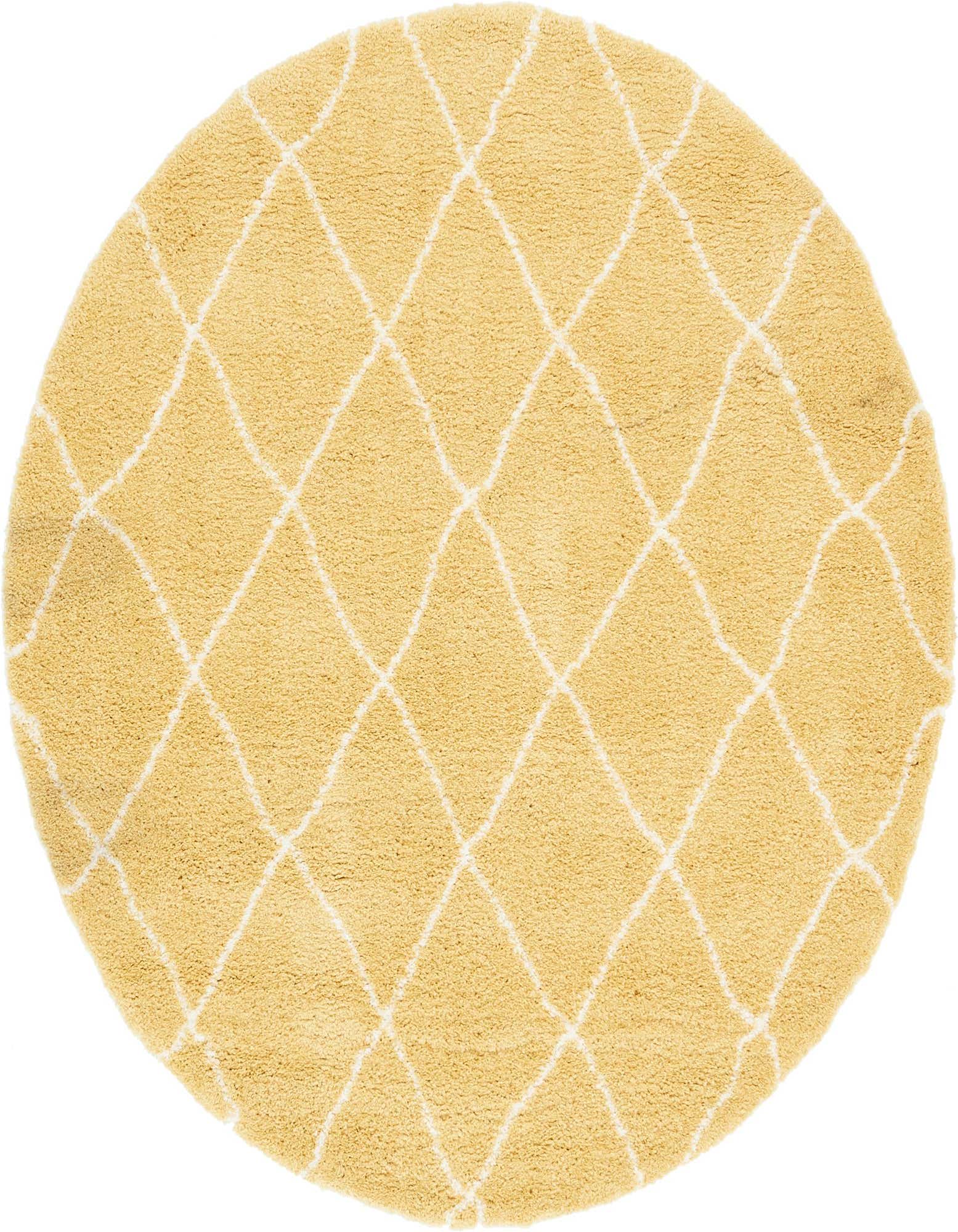 A round 8' yellow shag rug with a white diamond trellis pattern, perfect for adding warmth to a living room or bedroom.