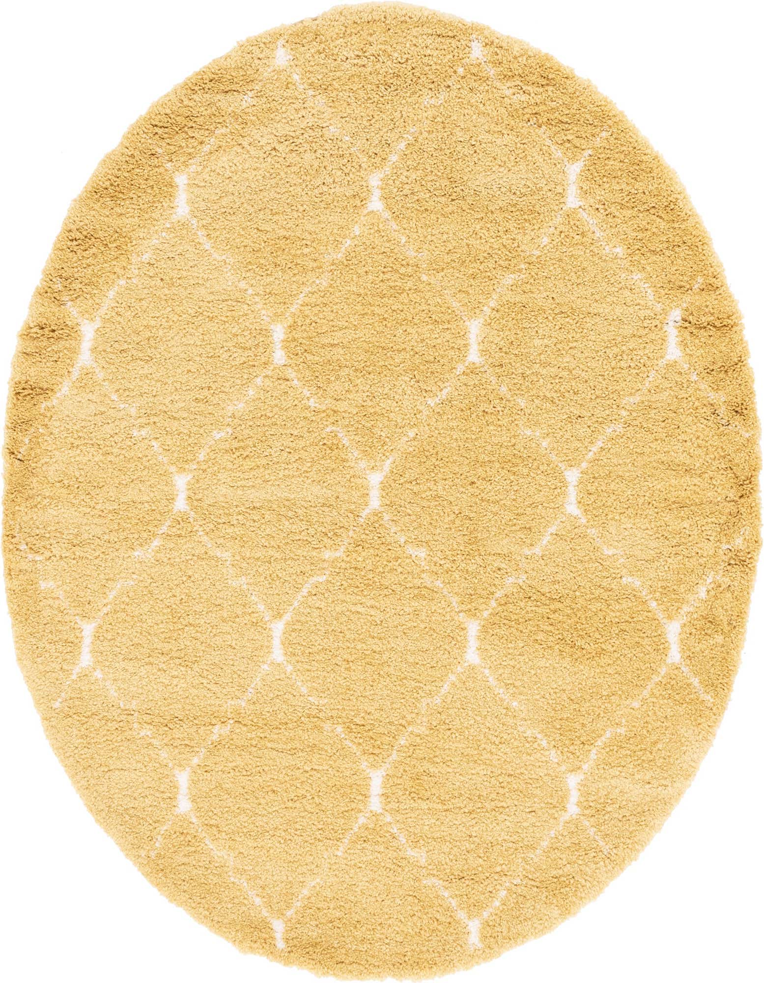 A round 8' yellow shag rug with a subtle white trellis pattern, offering a soft, modern accent.