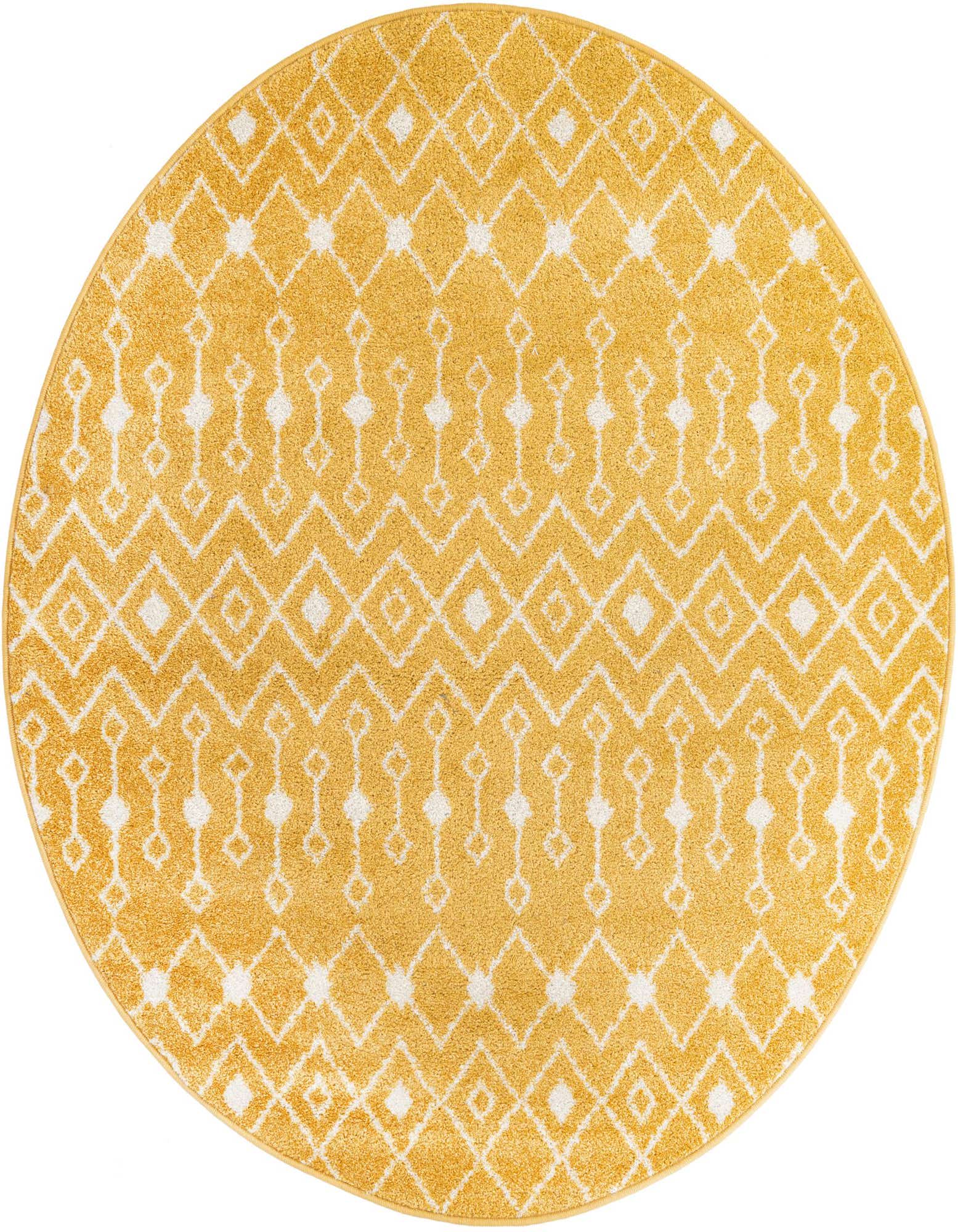 A round yellow and white Moroccan Trellis rug with a geometric diamond pattern, suitable for a living room or bedroom.