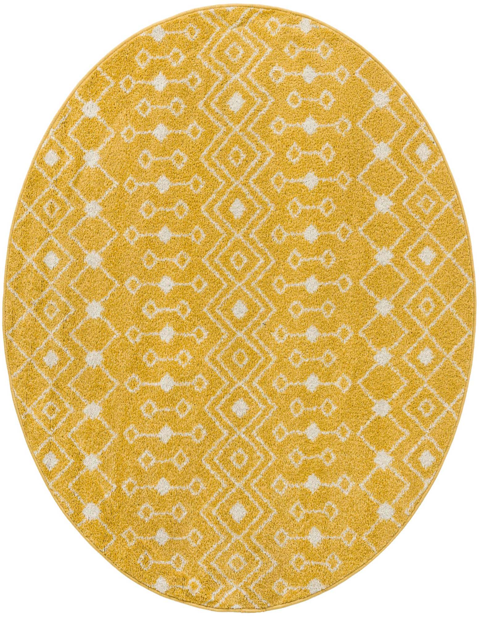 A 5' 3 round yellow rug with a white Moroccan trellis and tribal pattern, suitable for indoor use.