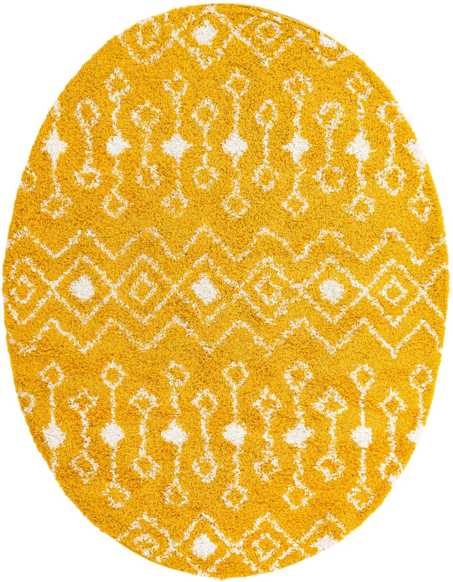 A round 7' 10" yellow shag rug with a white tribal geometric pattern, featuring a textured pile.