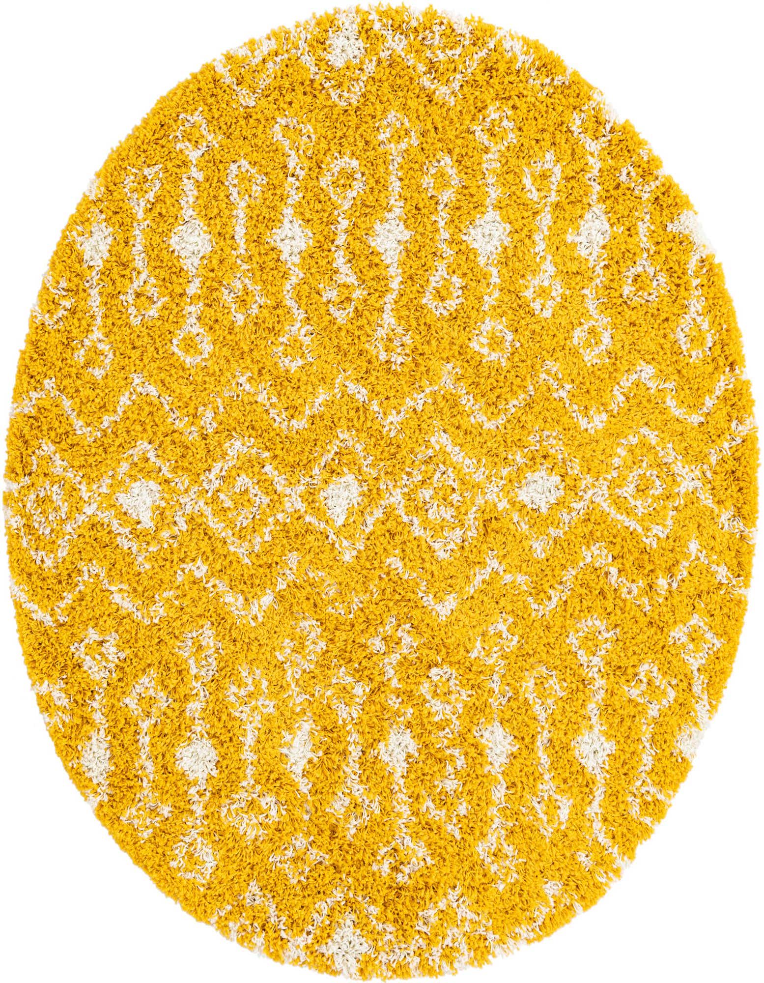 A 5' 3 round yellow shag rug with a white modern tribal trellis pattern, offering a soft, textured feel.