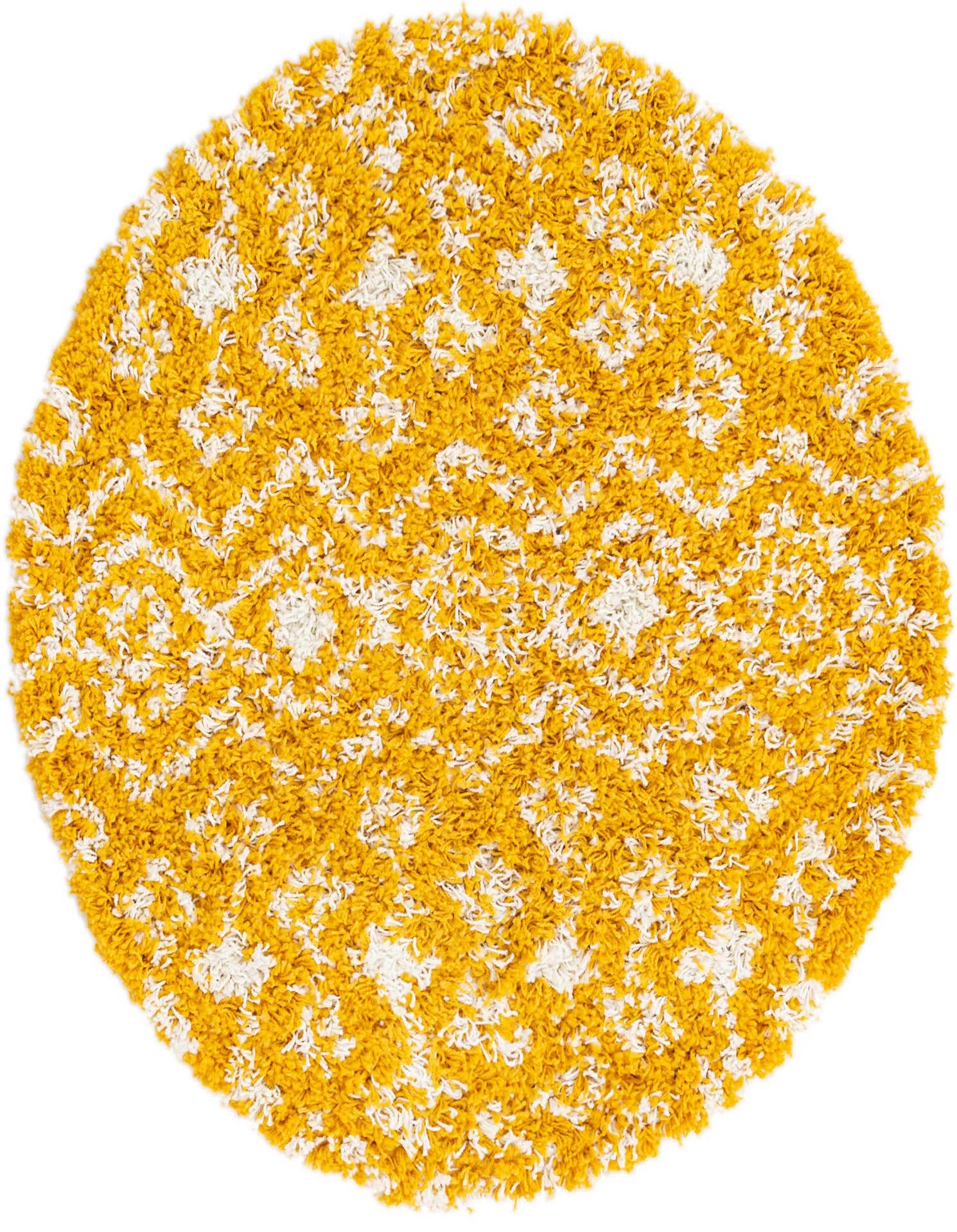 A round 3' yellow and white shag rug with a modern tribal pattern, perfect for adding a cozy touch to any indoor space.