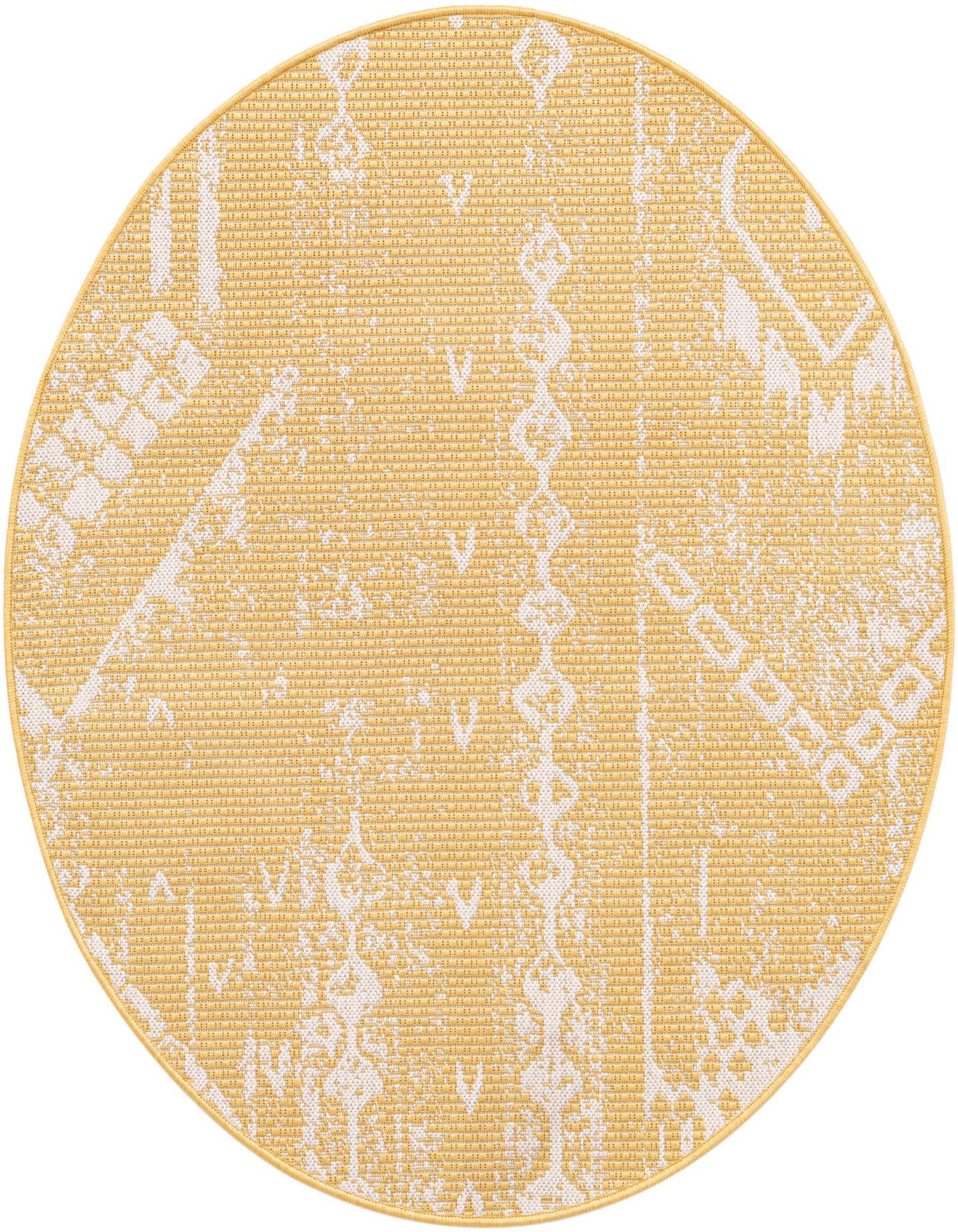 A 4' round yellow and white modern abstract rug from the Outdoor Bohemian collection, suitable for indoor/outdoor use.