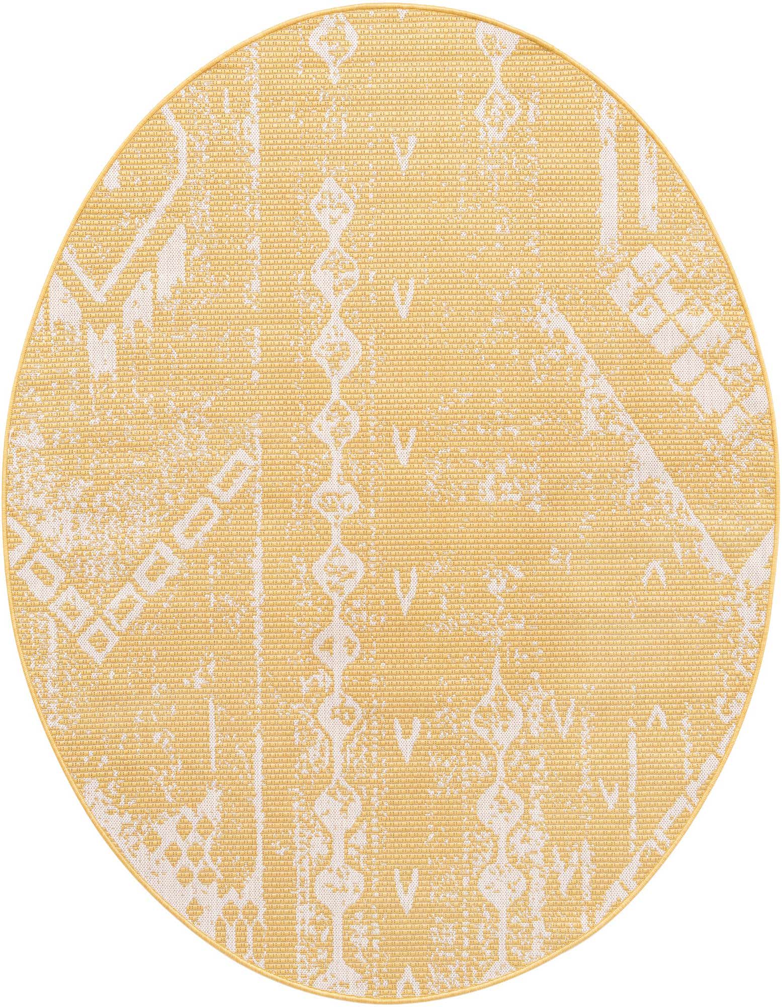 A 6' round yellow and white modern abstract rug with a textured flatweave, suitable for indoor or outdoor use.