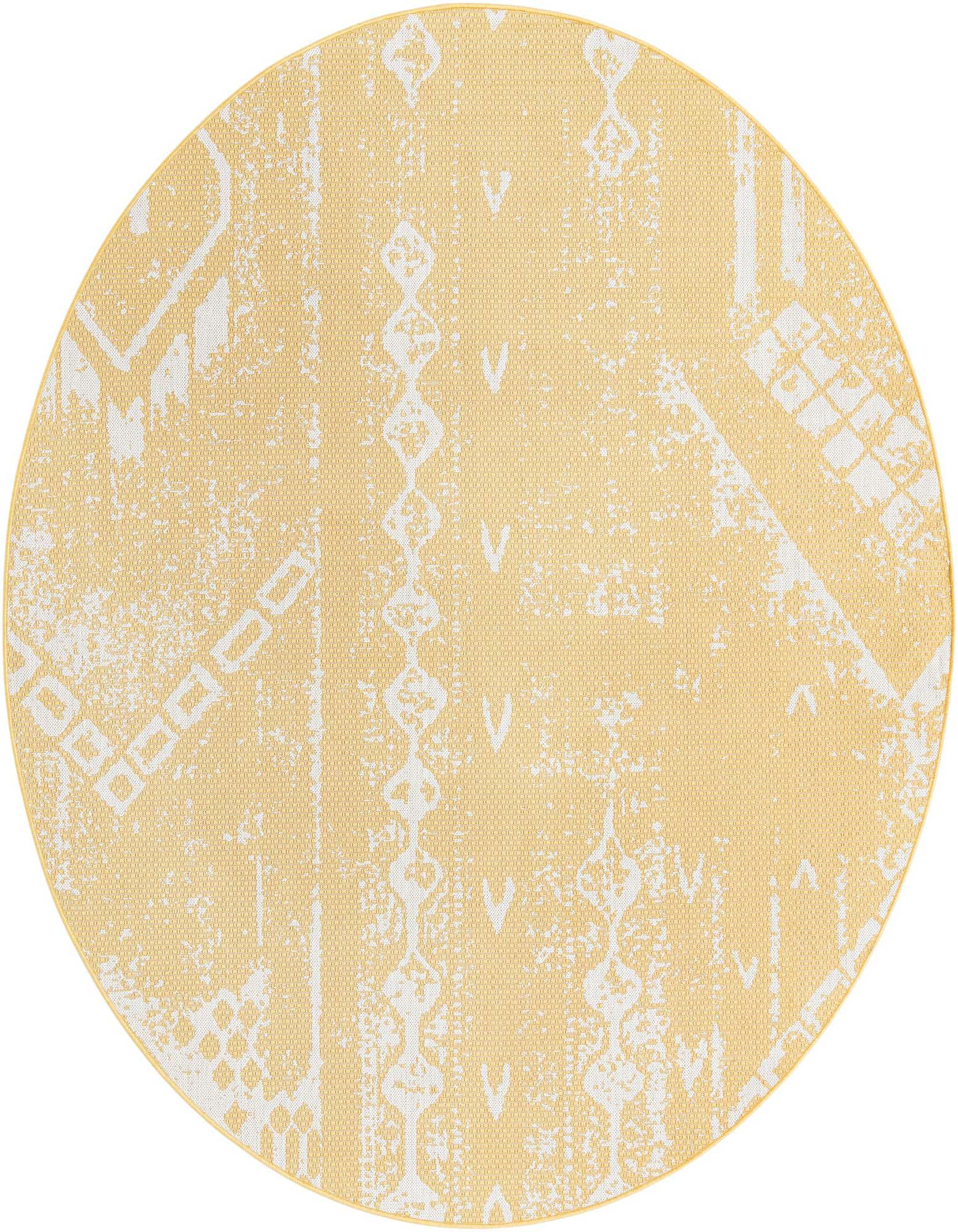 A round 7' 10 x 7' 10 yellow and white modern outdoor rug with a distressed geometric pattern.