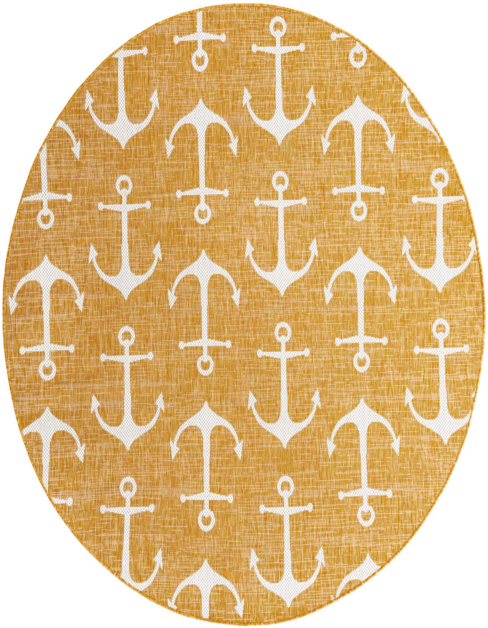 Round yellow indoor/outdoor rug with a repeating pattern of white anchors, ideal for a patio or beach-themed room.