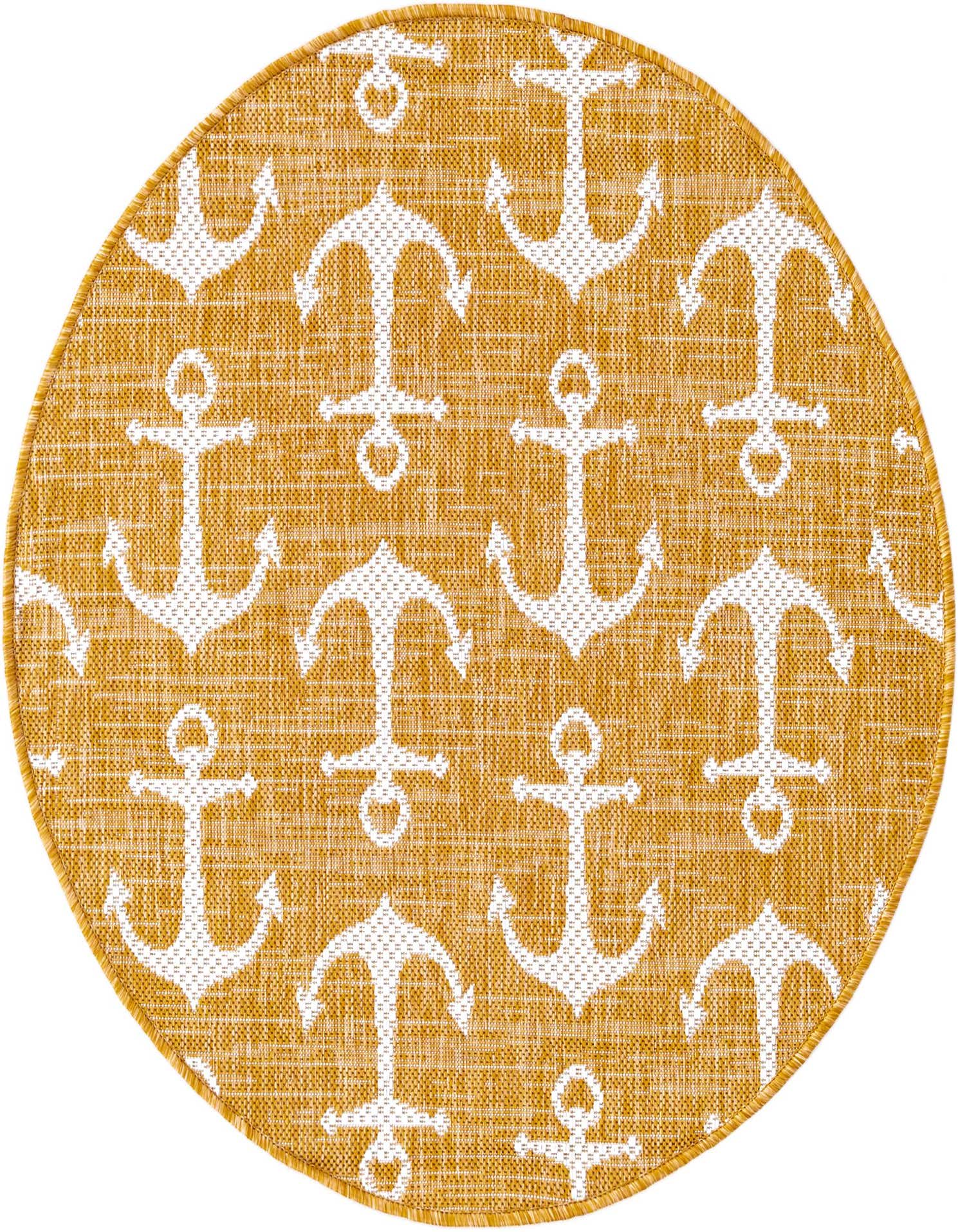 A round 3' yellow and white coastal rug with a repeating anchor pattern, ideal for a patio or indoor space.