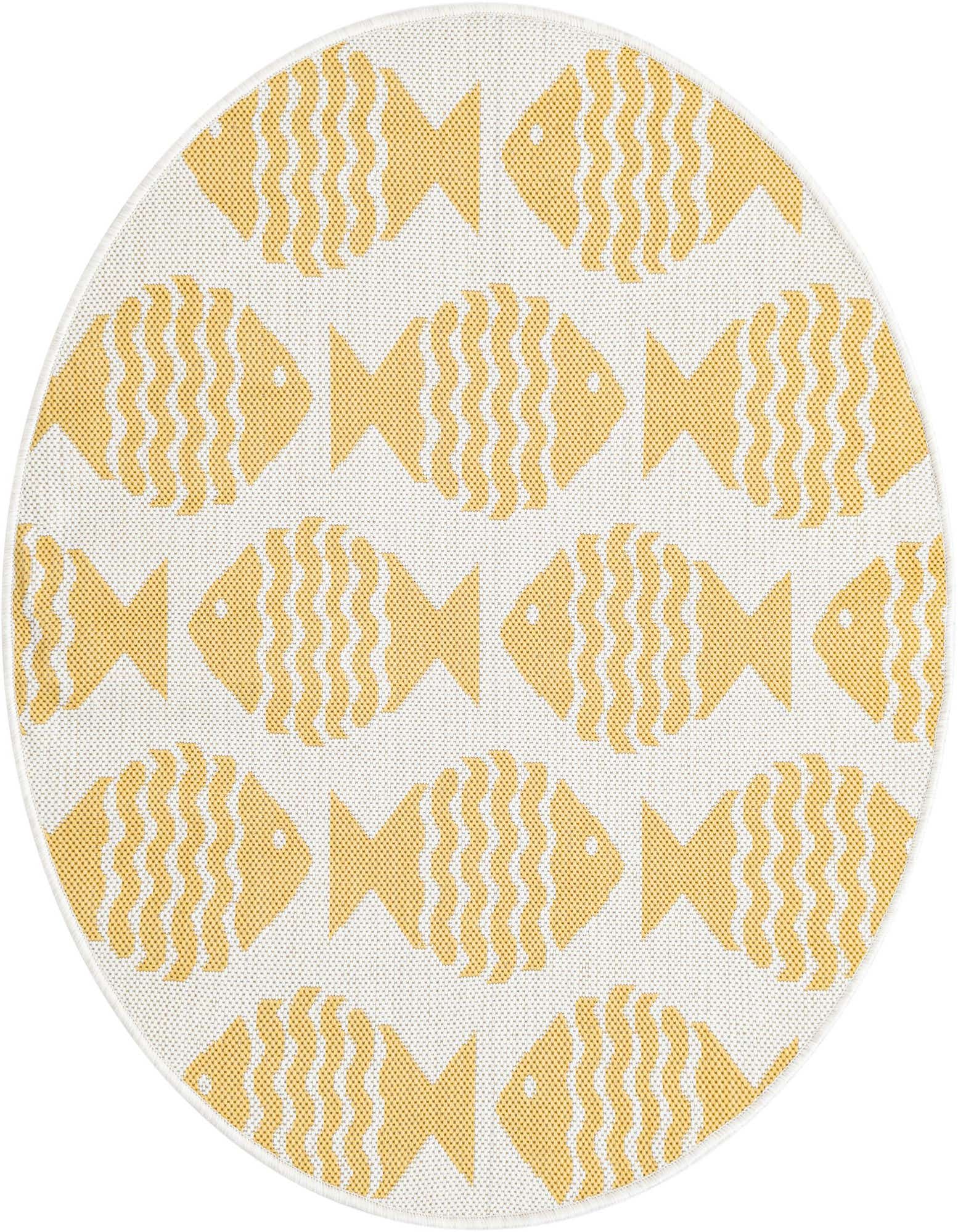 A round 3' 1 x 3' 1 yellow and white rug with a playful pattern of yellow fish swimming on a white background.