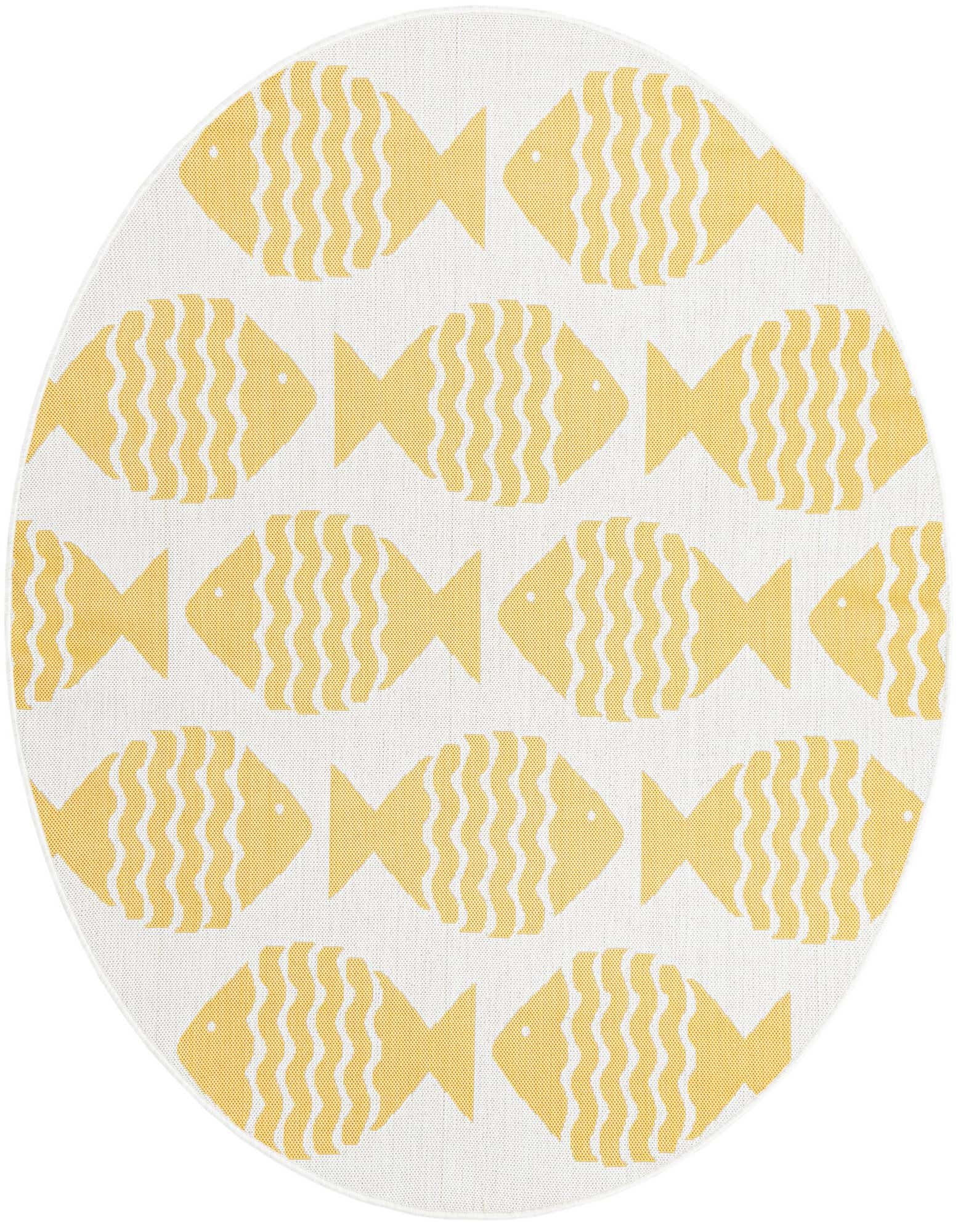 A round 6'1" yellow and white coastal rug featuring a repeating pattern of stylized yellow fish with wavy bodies on a white background.