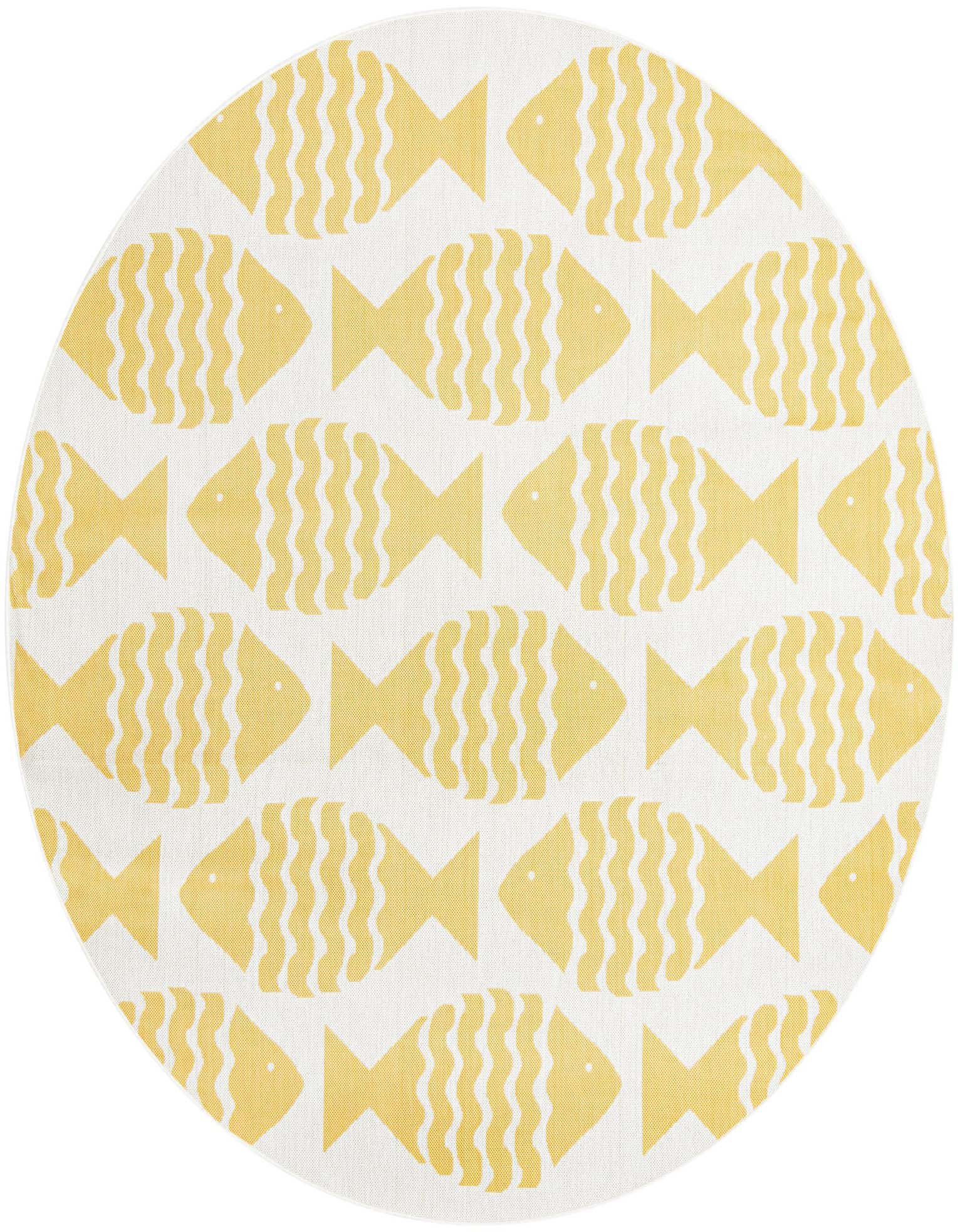 A round 7' 10 x 7' 10 yellow and white rug with a playful pattern of stylized fish, suitable for a patio or indoor space.