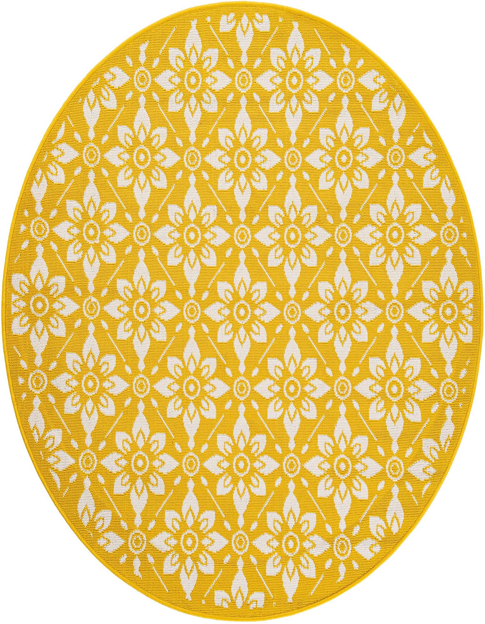 A 5' round yellow and white floral patterned rug, ideal for a patio or bright indoor space.