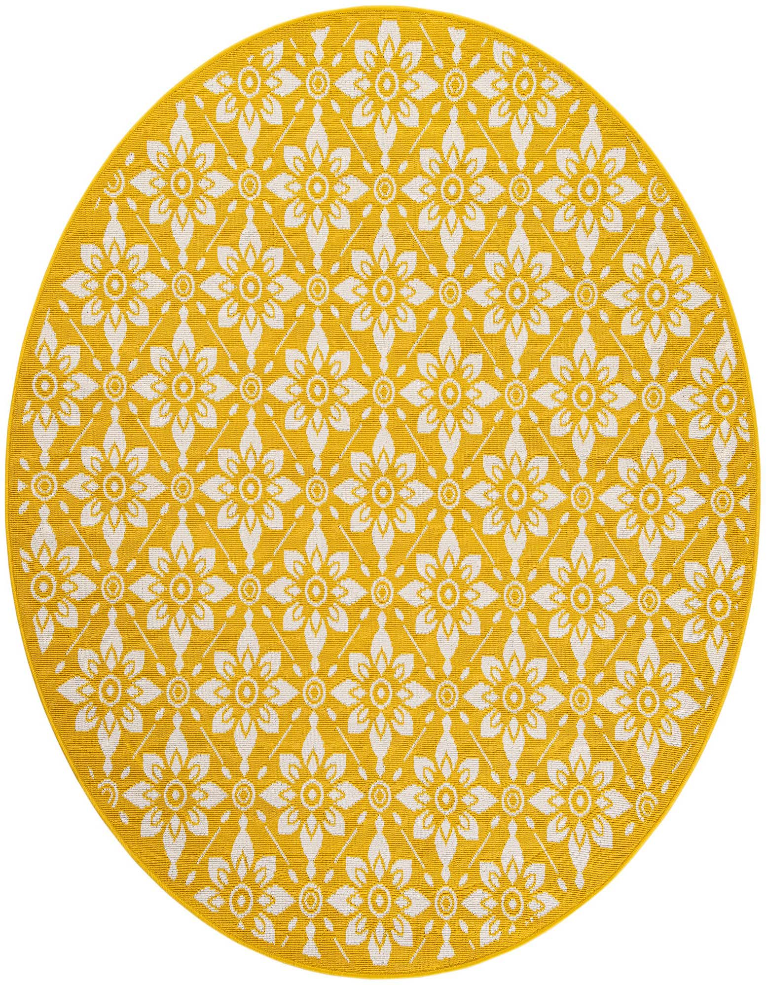 A 6' round yellow and white floral patterned rug with a modern flatweave design, suitable for indoor or outdoor use.
