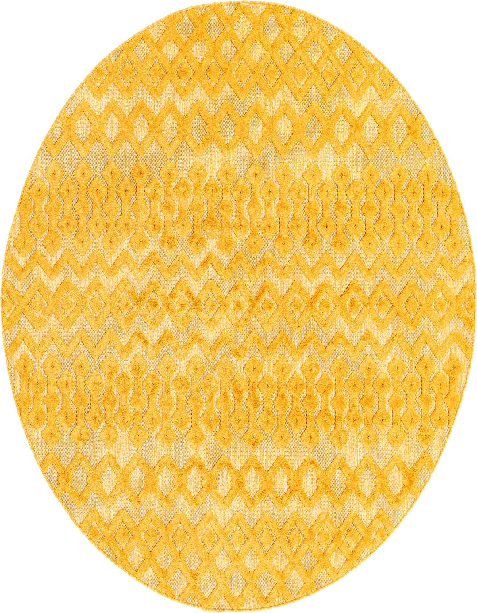 A 7-foot round yellow indoor/outdoor rug with a textured tribal trellis pattern, ideal for a patio or living space.